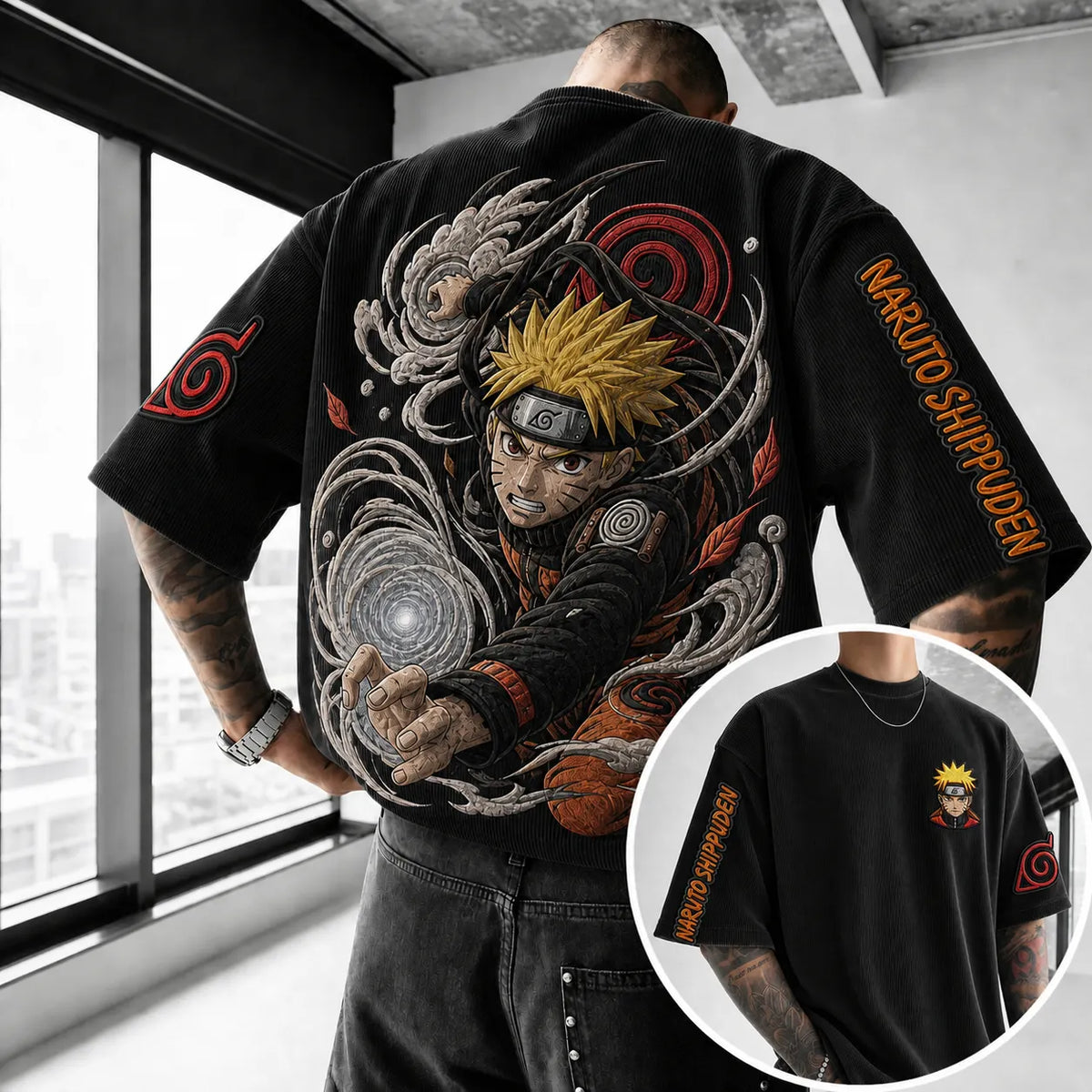NINDO Unisex Anime-Style Retro Corduroy Oversized T-Shirt