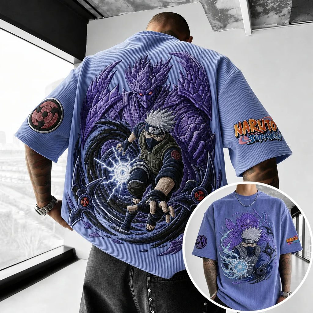 NINDO Unisex Oversized Anime-Print Vertical-Stripe Short-Sleeve T-Shirt