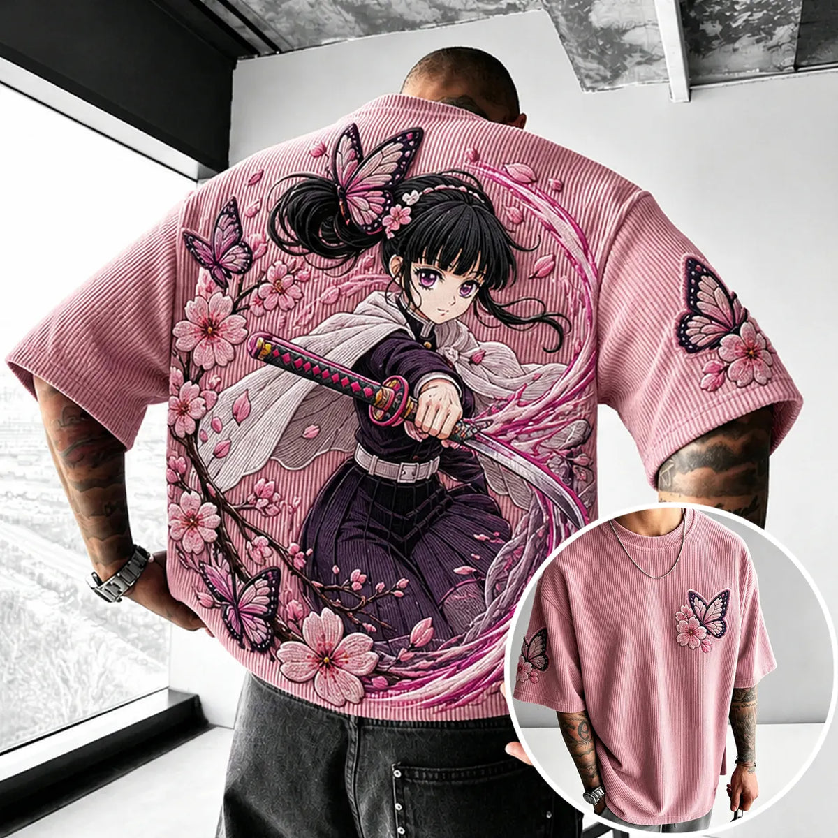 KNY Unisex Anime-Style Retro Corduroy Oversized T-Shirt