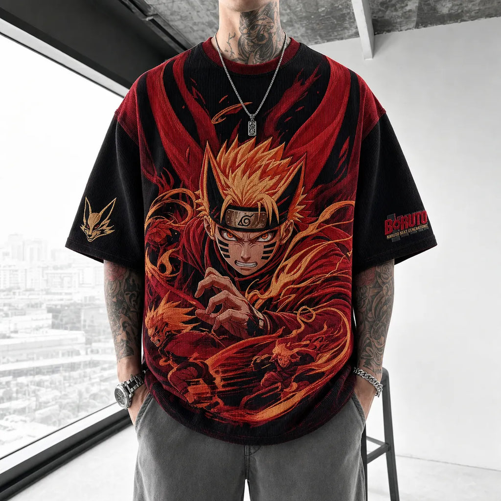 NINDO Unisex Oversized Anime-Print Vertical-Stripe Short-Sleeve T-Shirt