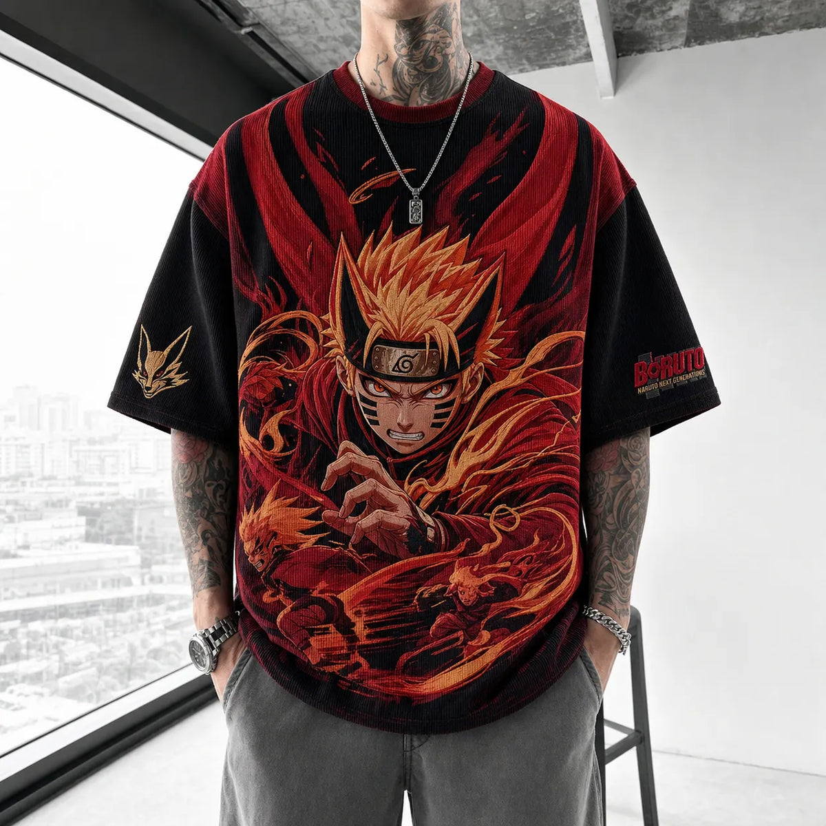 NINDO Unisex Oversized Anime-Print Vertical-Stripe Short-Sleeve T-Shirt