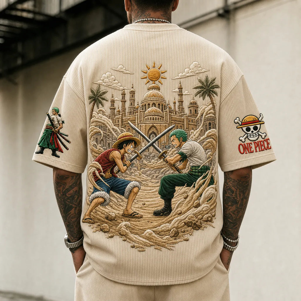 One Piece Unisex Anime-Style Retro Corduroy Oversized T-Shirt