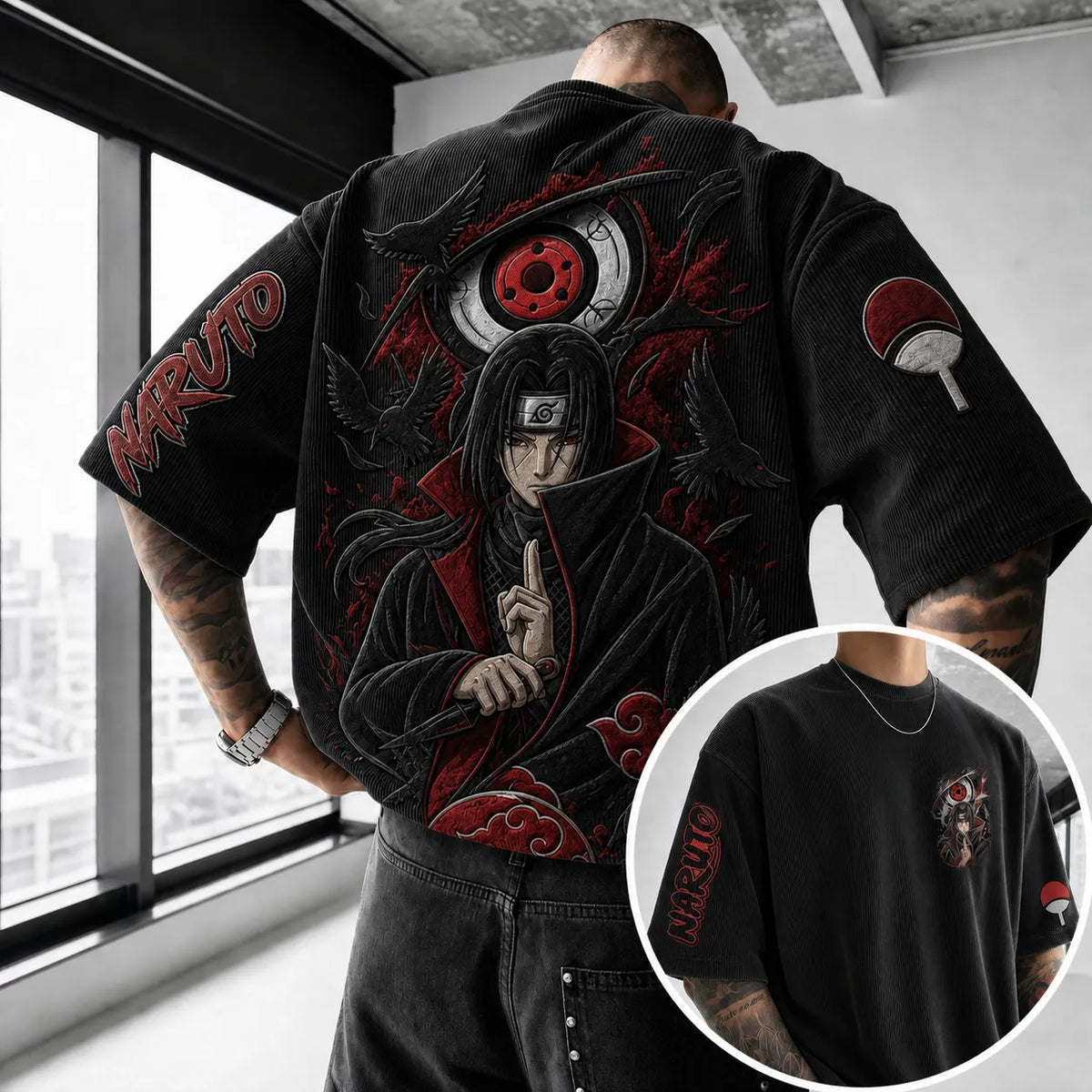 NINDO Unisex Anime-Style Retro Corduroy Oversized T-Shirt