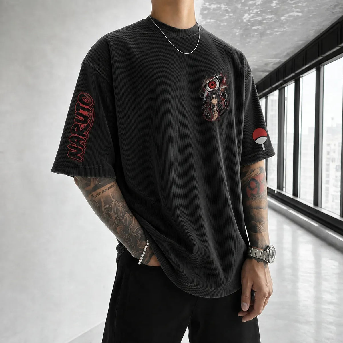 NINDO Unisex Anime-Style Retro Corduroy Oversized T-Shirt