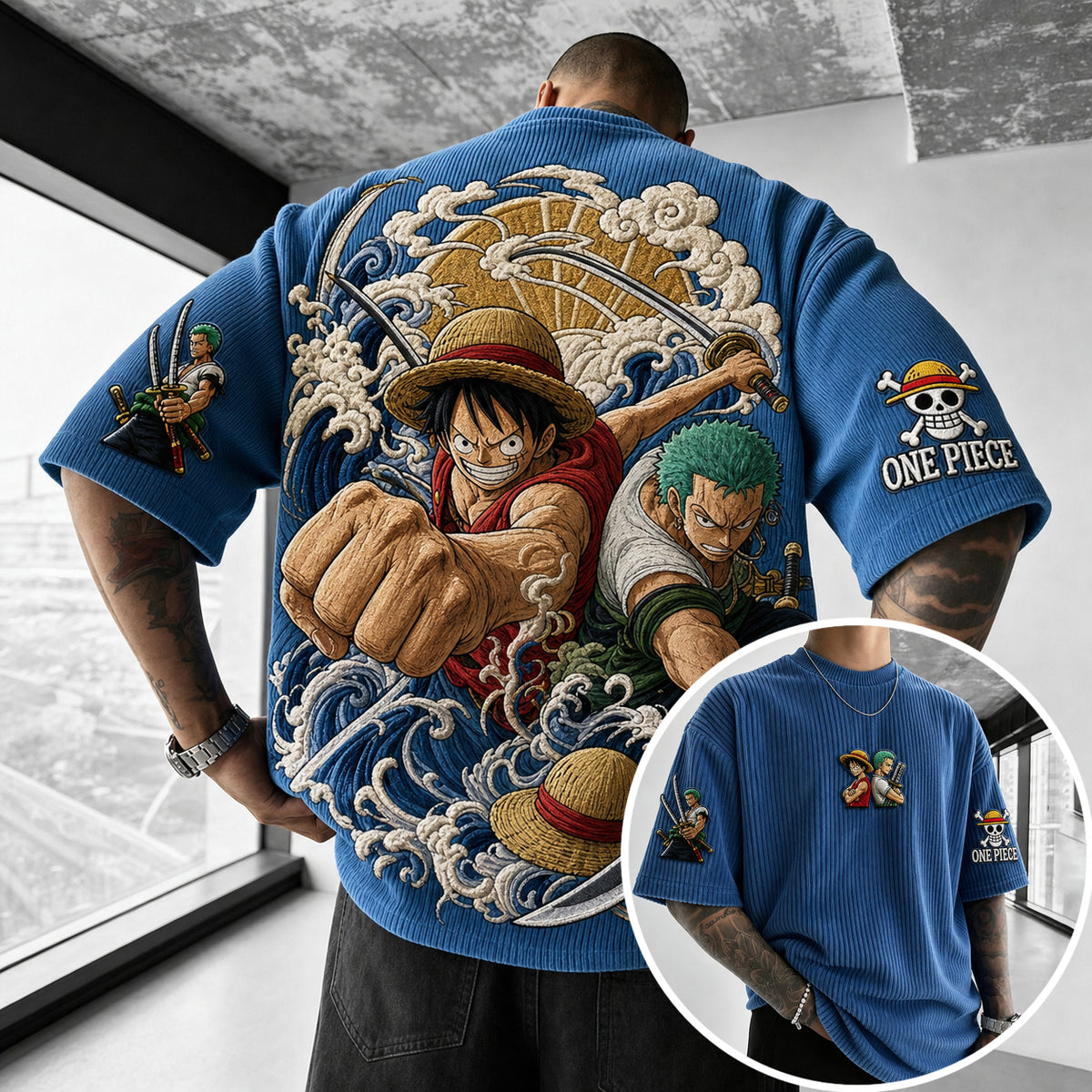 One Piece Unisex Anime-Style Retro Corduroy Oversized T-Shirt