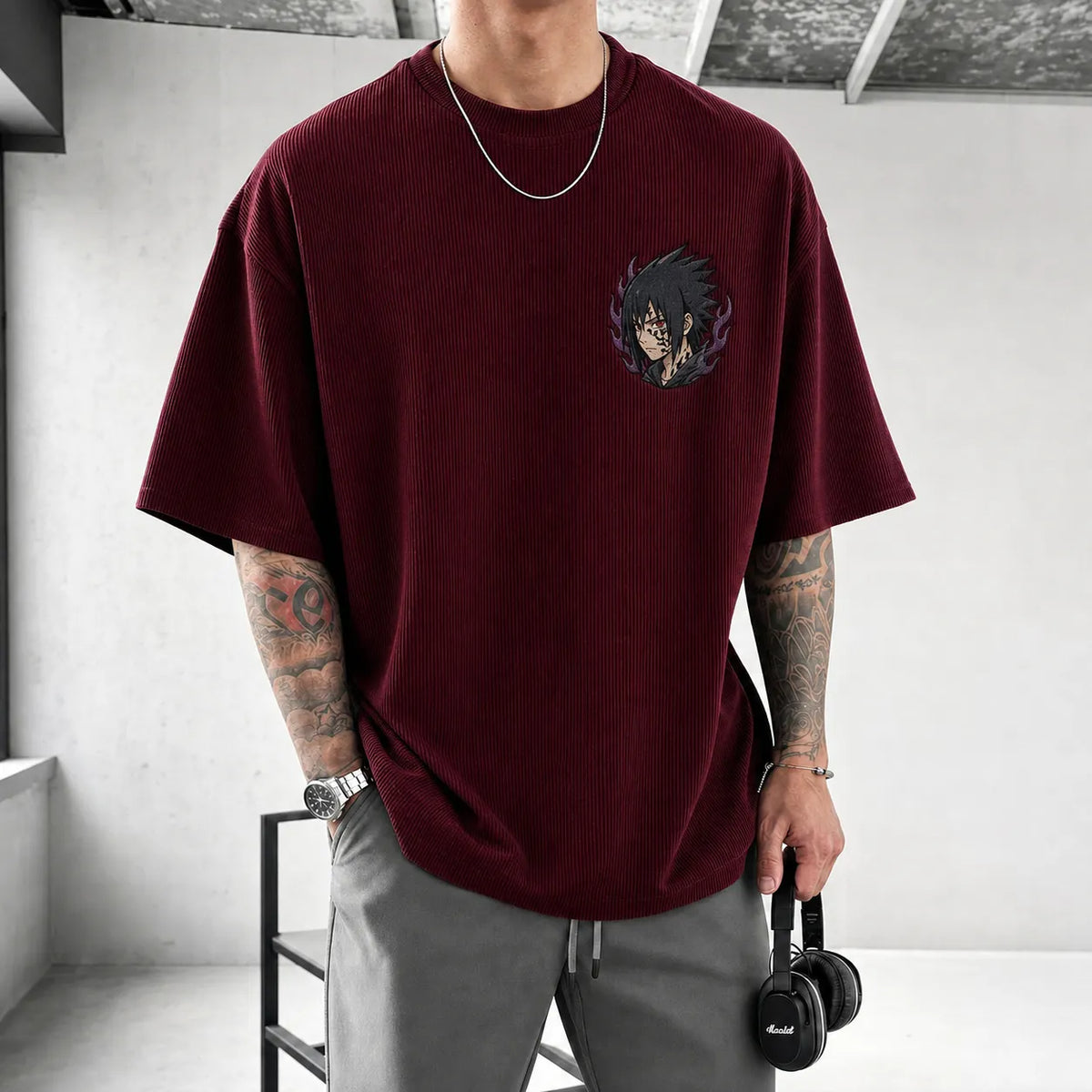 NINDO Unisex Oversized Anime-Print Vertical-Stripe Short-Sleeve T-Shirt