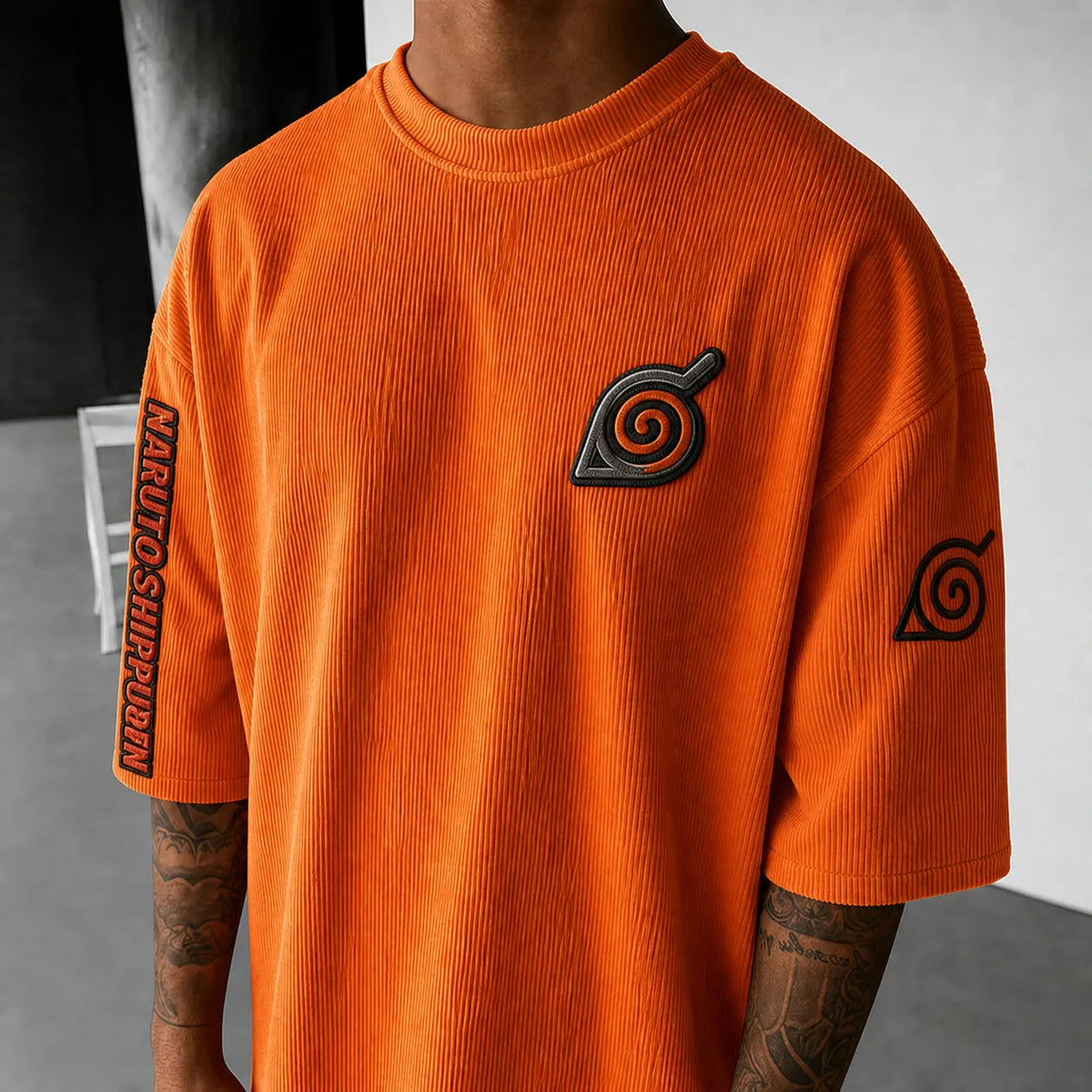 NINDO Unisex Anime-Style Retro Corduroy Oversized T-Shirt
