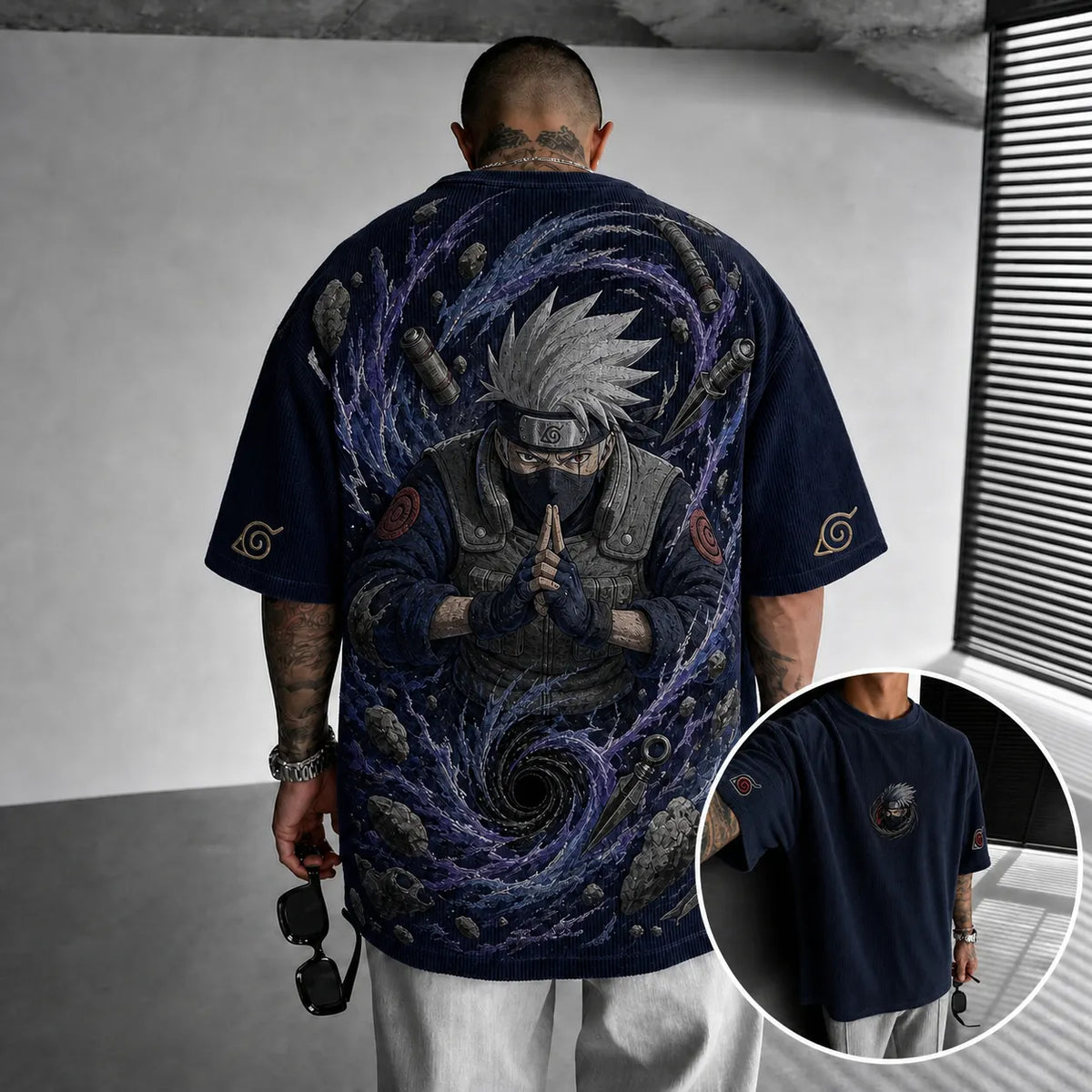 NINDO Unisex Oversized Anime-Print Vertical-Stripe Short-Sleeve T-Shirt