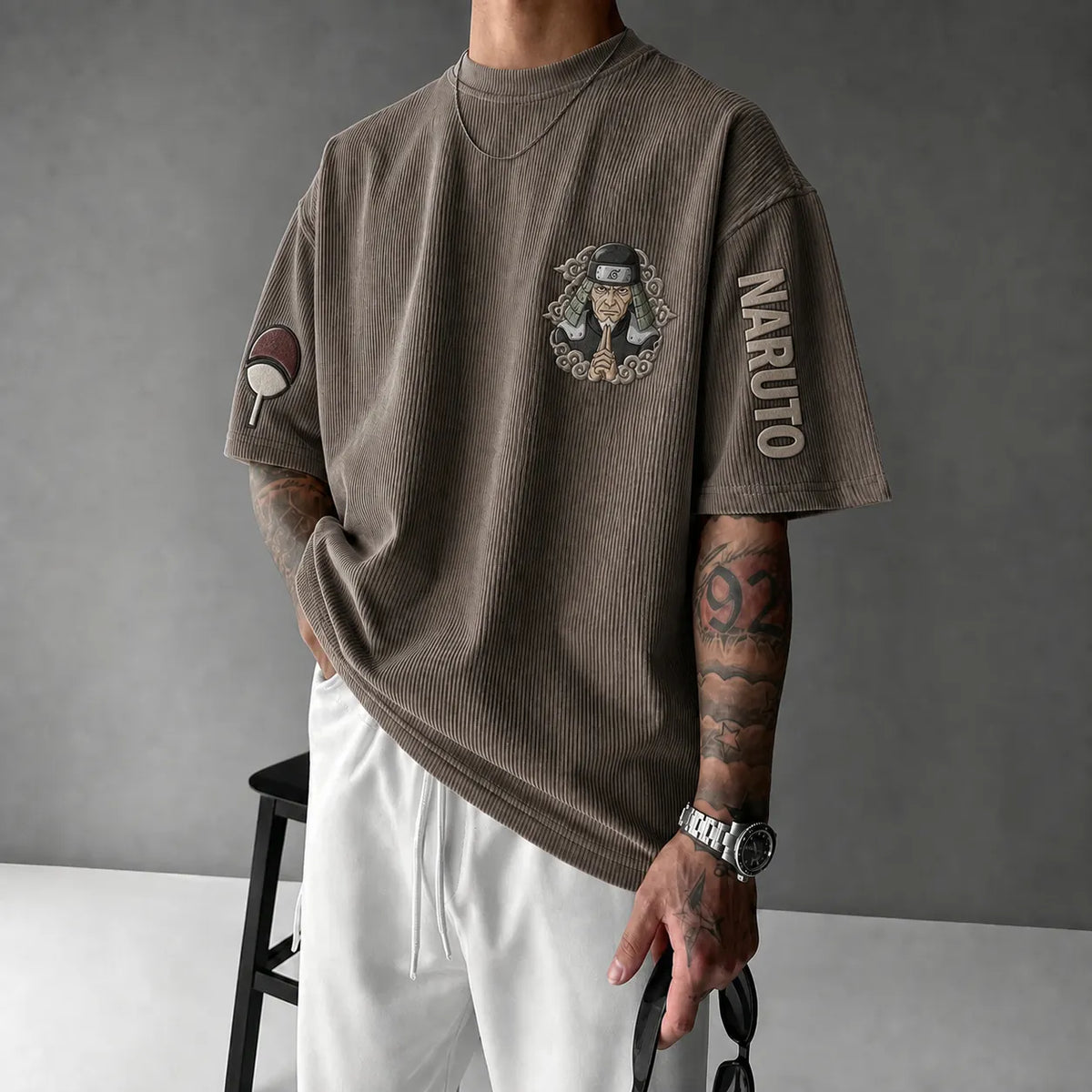 NINDO Unisex Anime-Style Retro Corduroy Oversized T-Shirt