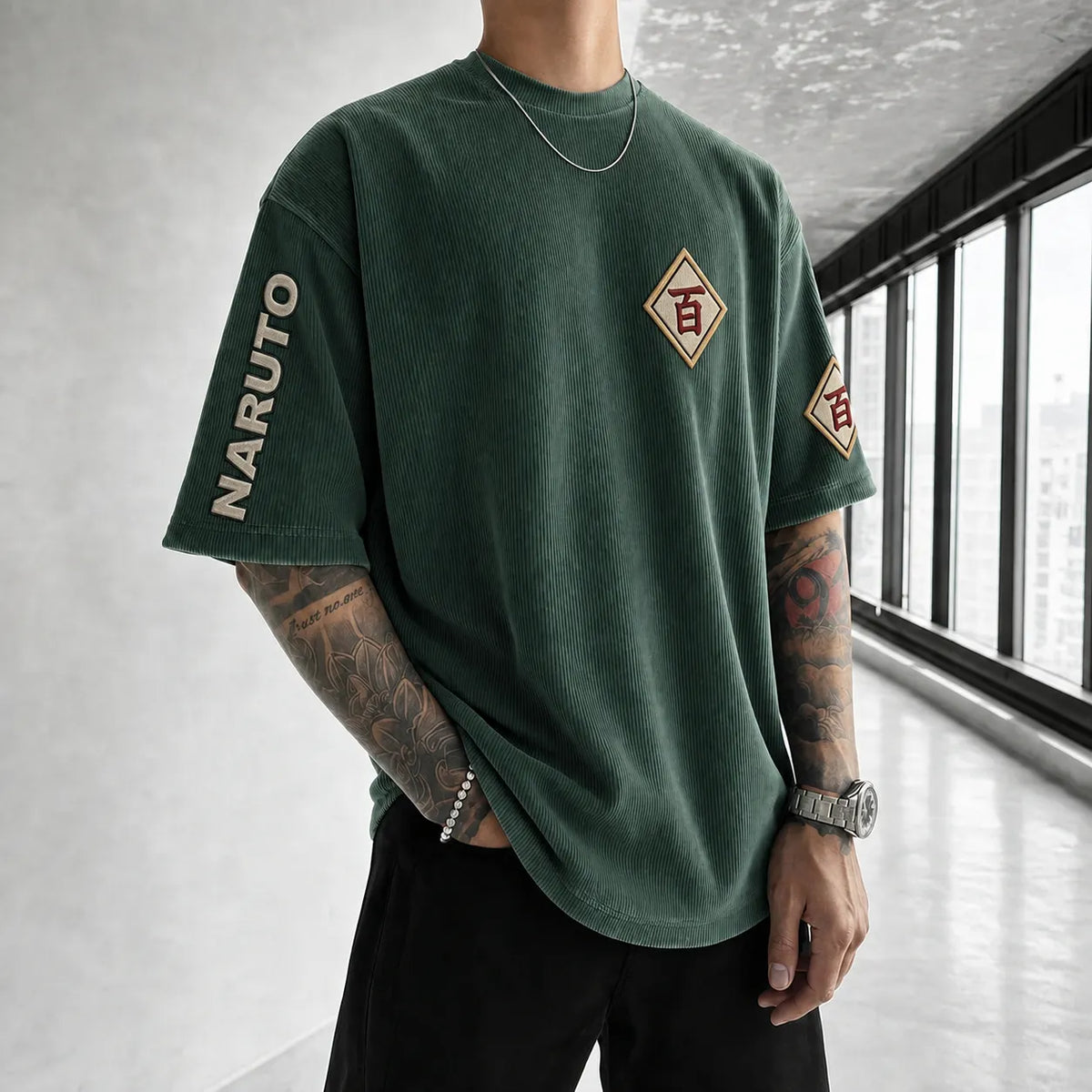 NINDO Unisex Anime-Style Retro Corduroy Oversized T-Shirt