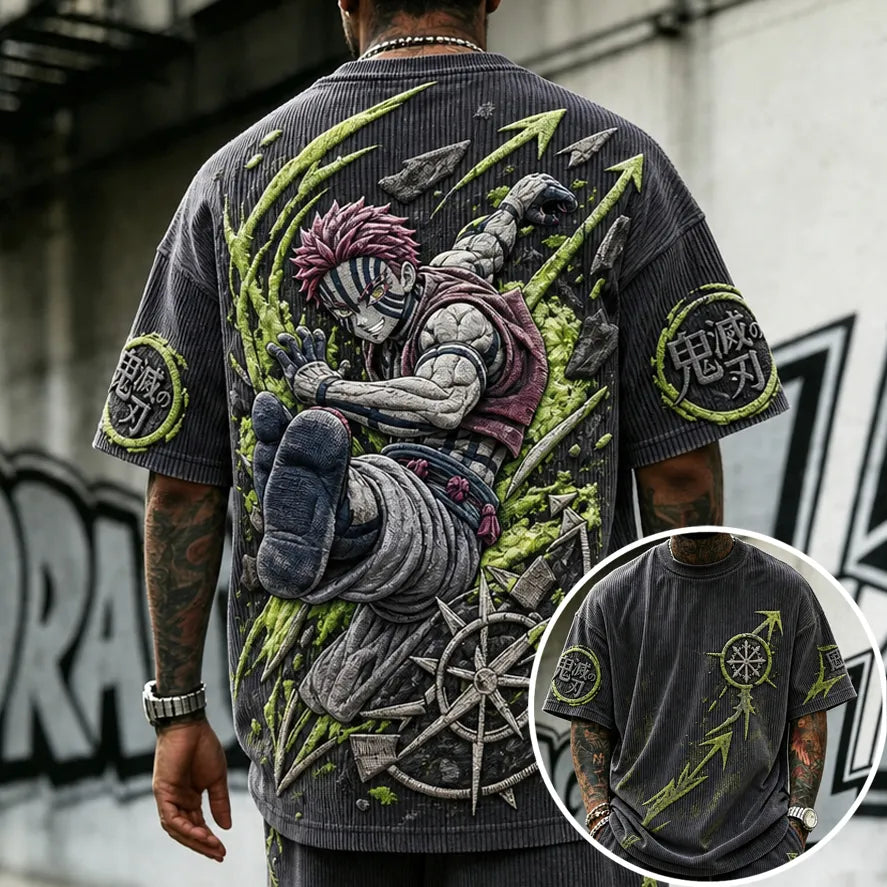 KNY Unisex Oversized Anime-Print Vertical-Stripe Short-Sleeve T-Shirt