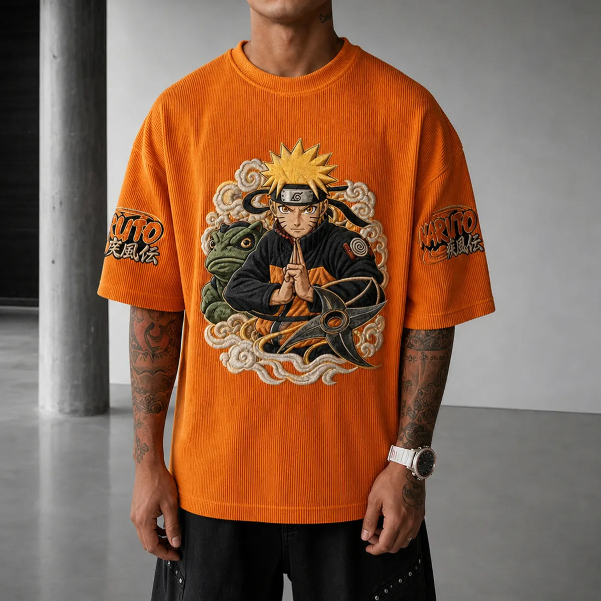 NINDO Unisex Oversized Anime-Print Vertical-Stripe Short-Sleeve T-Shirt
