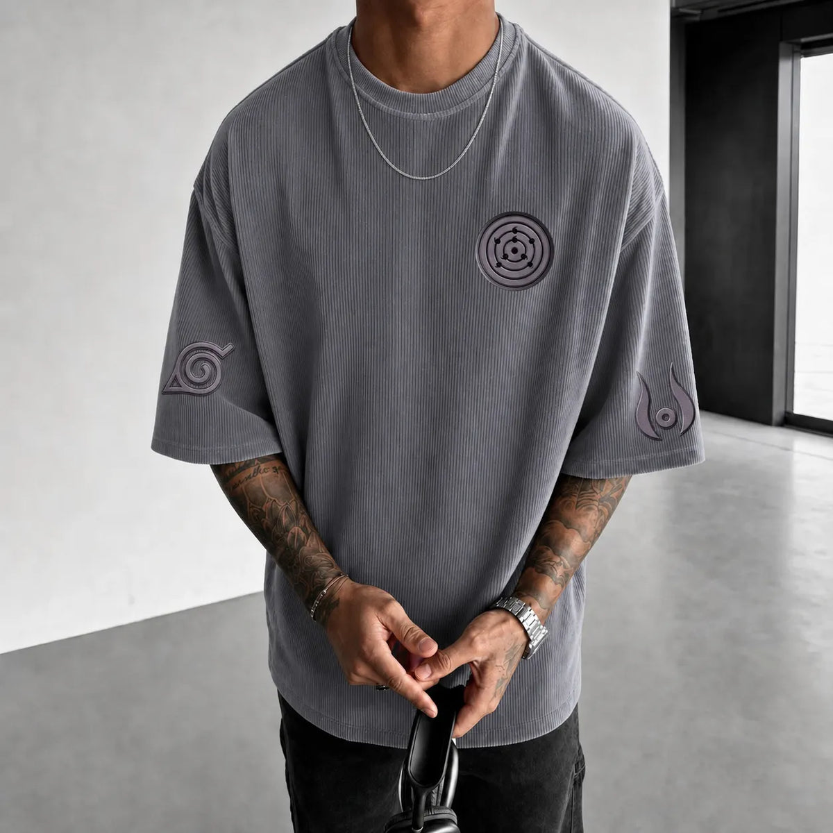 NINDO Unisex Anime-Style Retro Corduroy Oversized T-Shirt