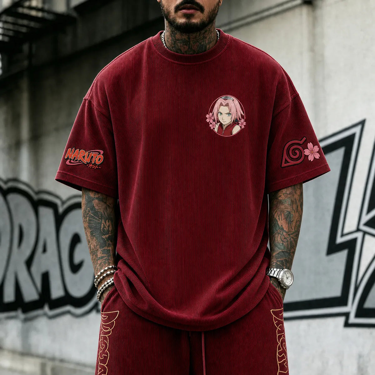 NINDO Unisex Anime-Style Retro Corduroy Oversized T-Shirt