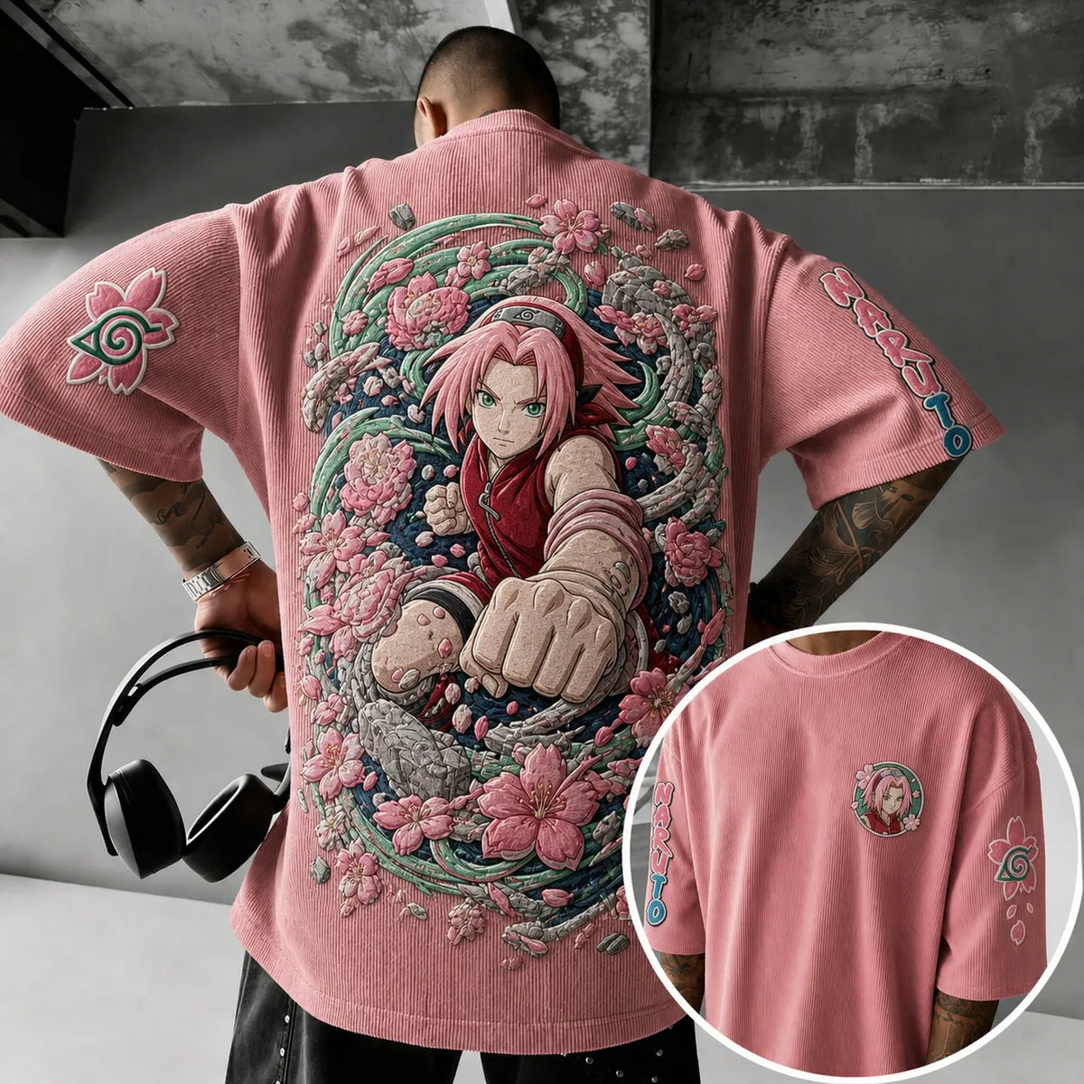NINDO Unisex Anime-Style Retro Corduroy Oversized T-Shirt