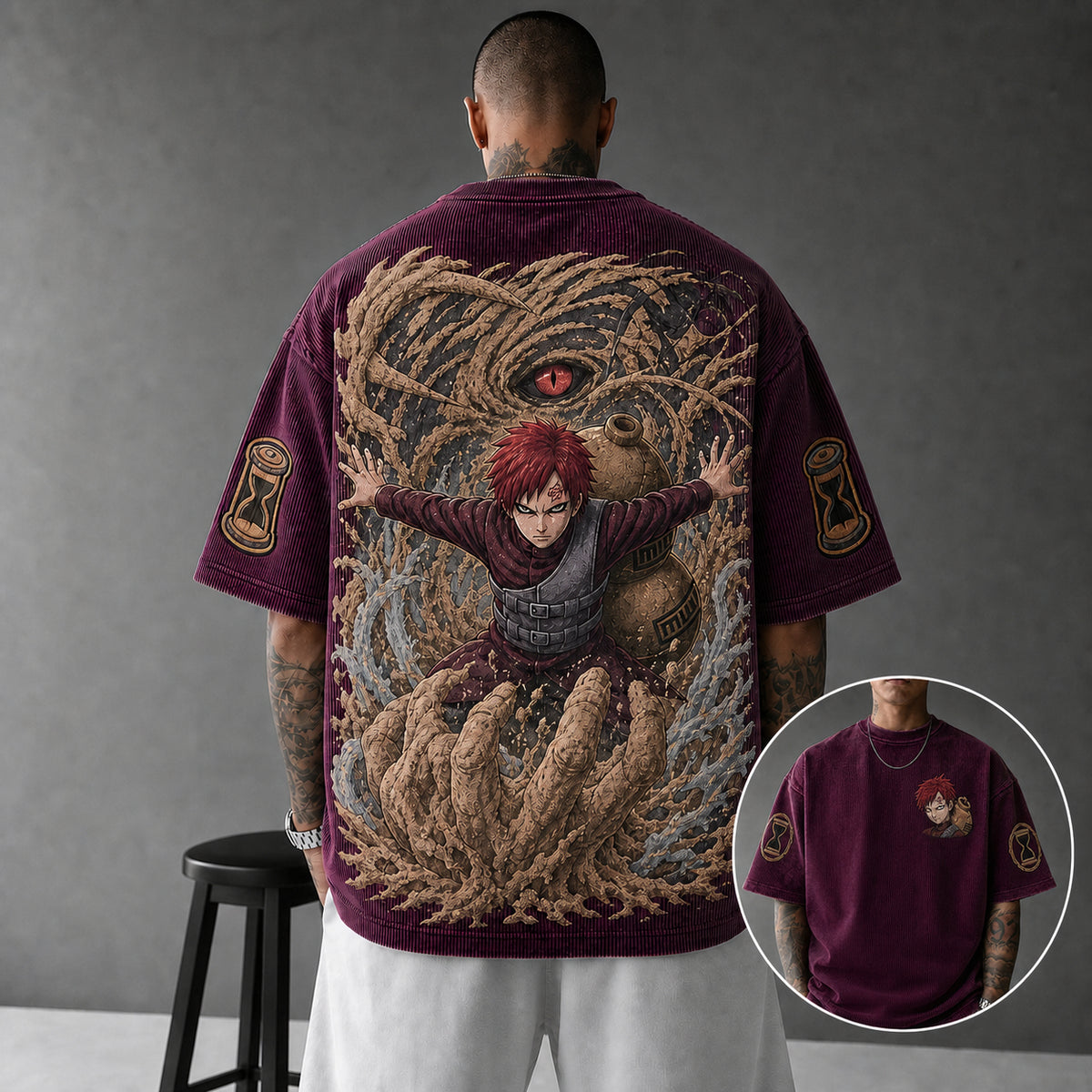 NINDO Unisex Oversized Anime-Print Vertical-Stripe Short-Sleeve T-Shirt