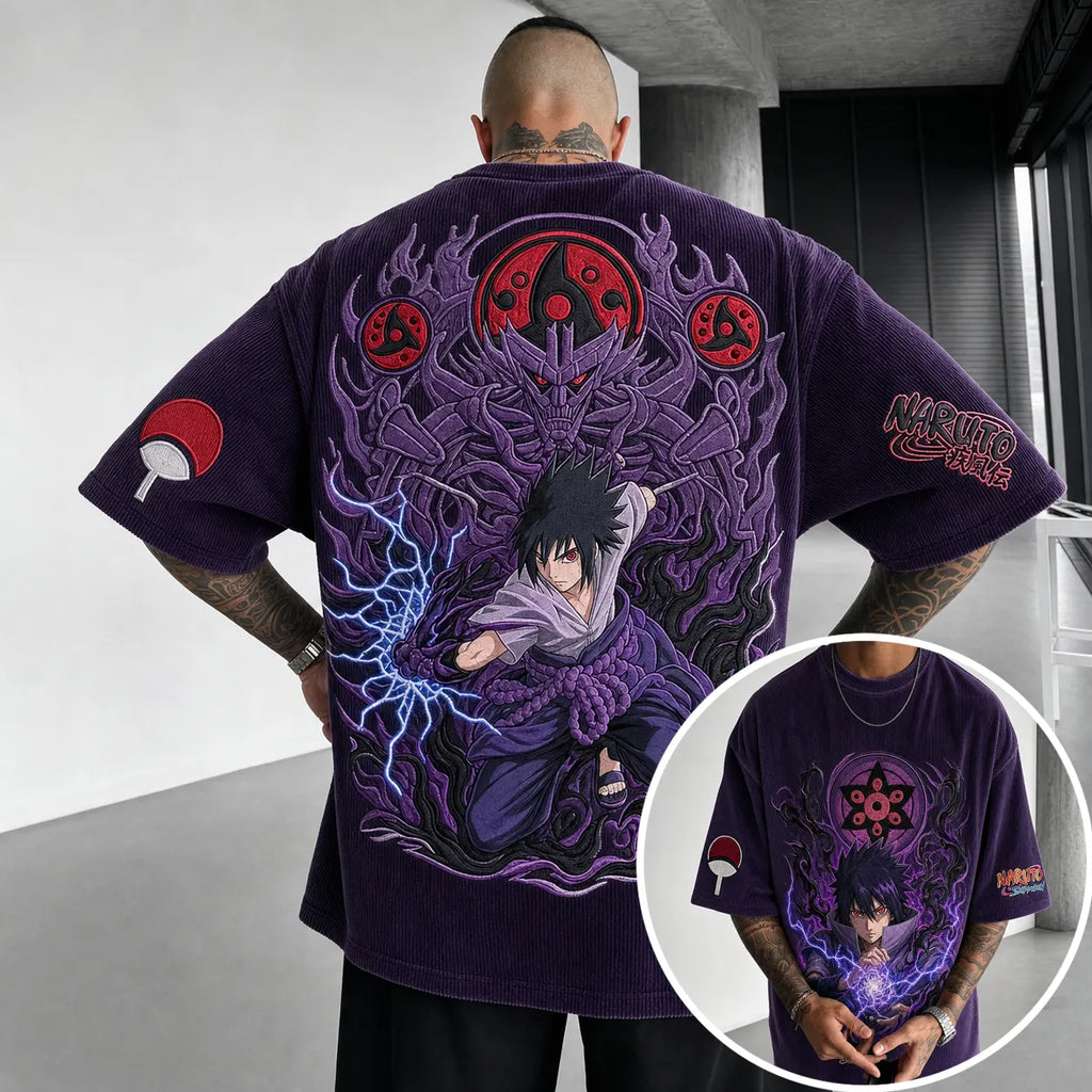 NINDO Unisex Oversized Anime-Print Vertical-Stripe Short-Sleeve T-Shirt