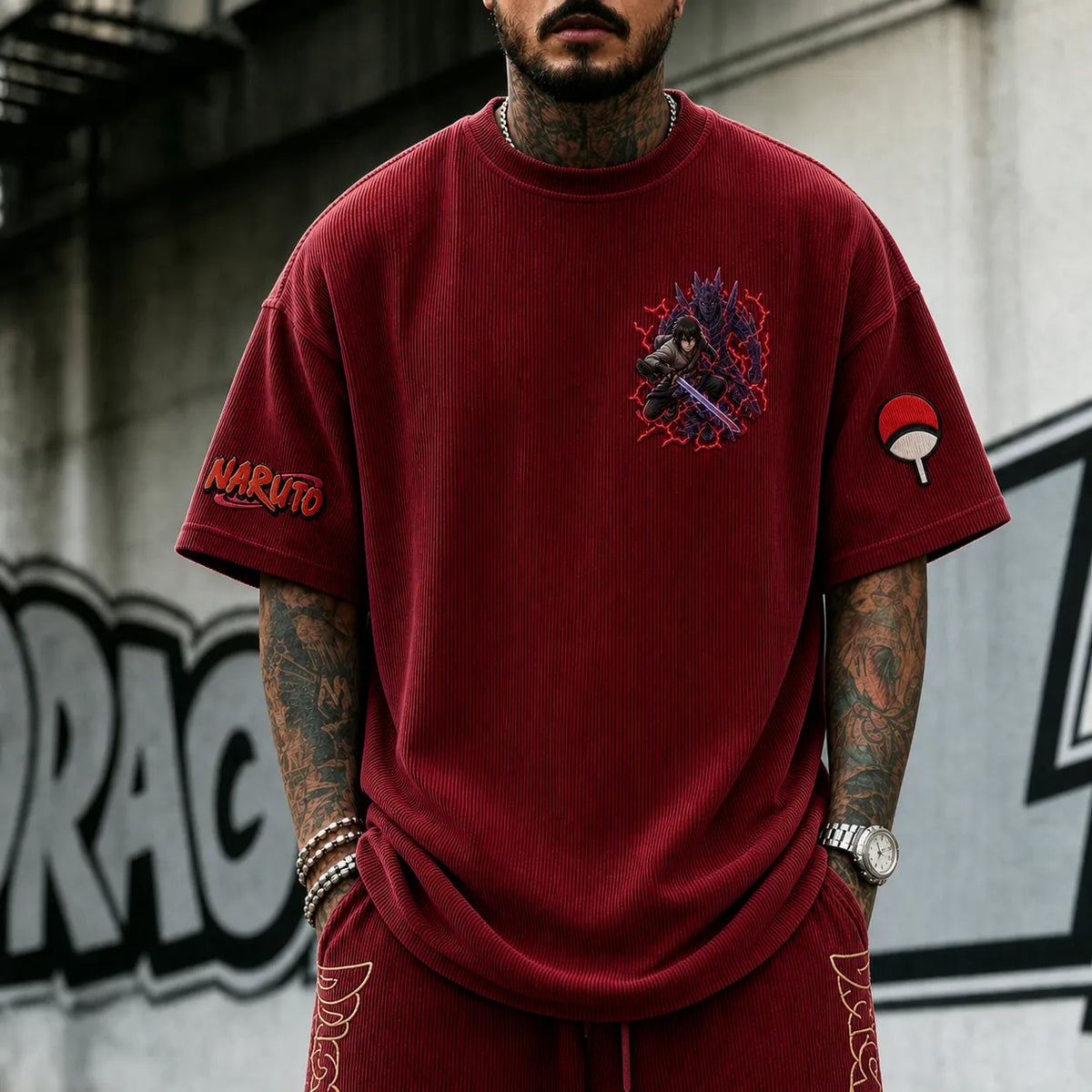 NINDO Unisex Anime-Style Retro Corduroy Oversized T-Shirt