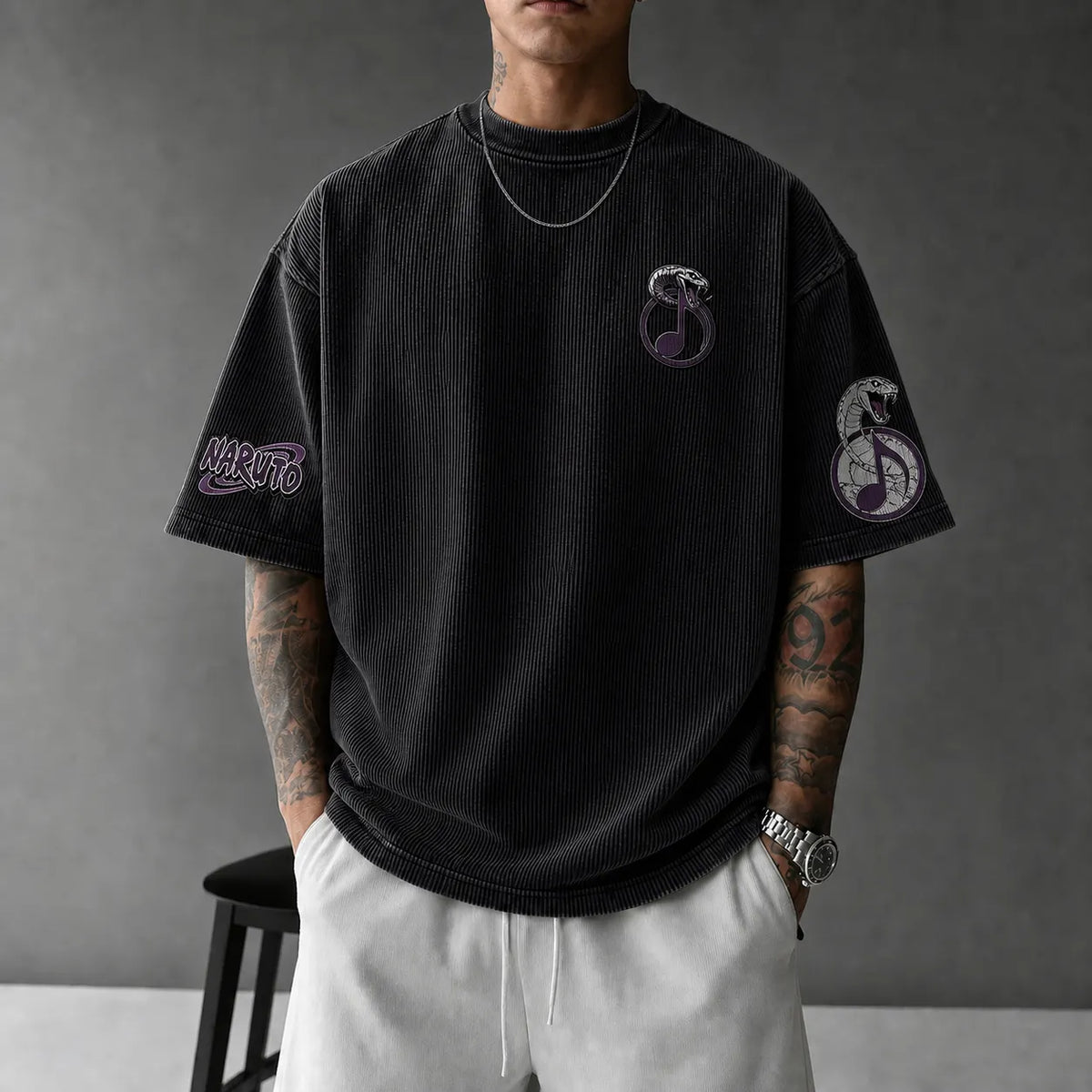 NINDO Unisex Anime-Style Retro Corduroy Oversized T-Shirt