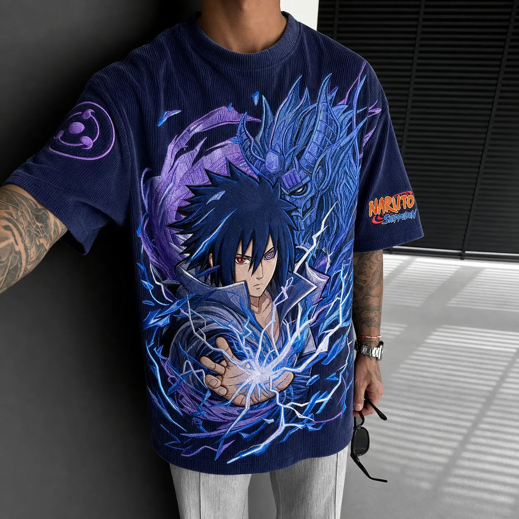 NINDO Unisex Oversized Anime-Print Vertical-Stripe Short-Sleeve T-Shirt