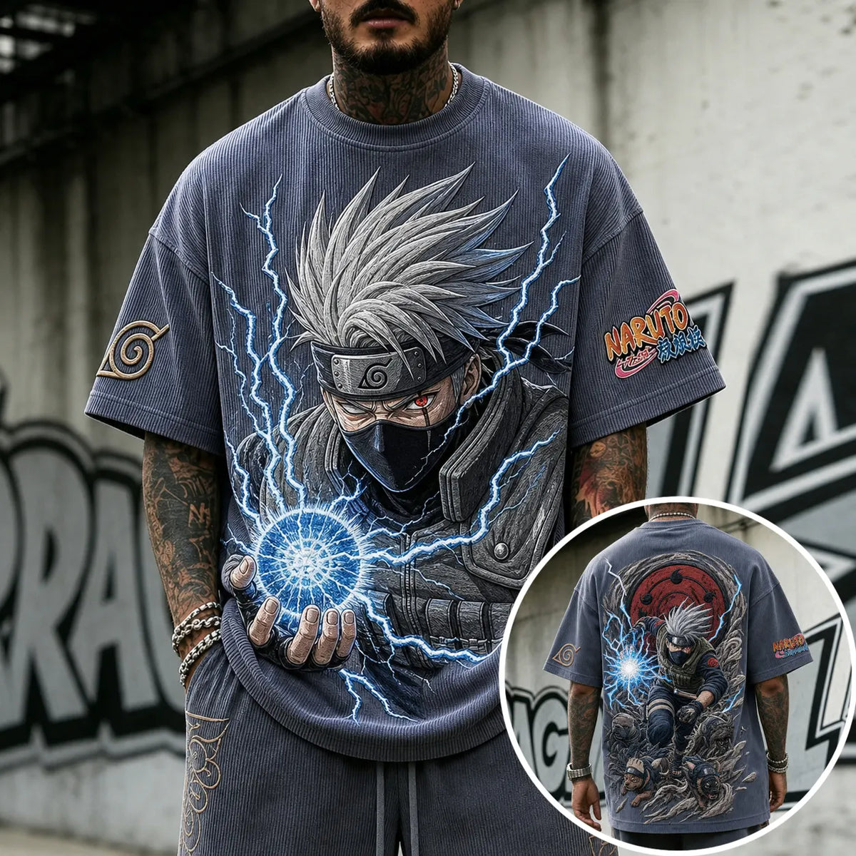 NINDO Unisex Oversized Anime-Print Vertical-Stripe Short-Sleeve T-Shirt