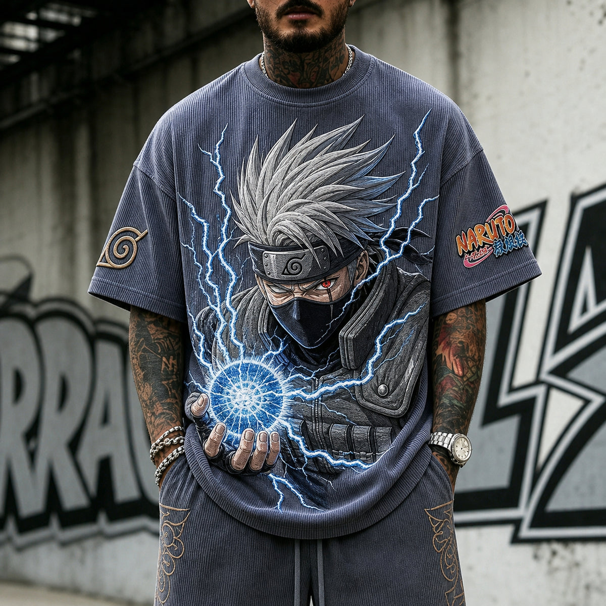 NINDO Unisex Oversized Anime-Print Vertical-Stripe Short-Sleeve T-Shirt