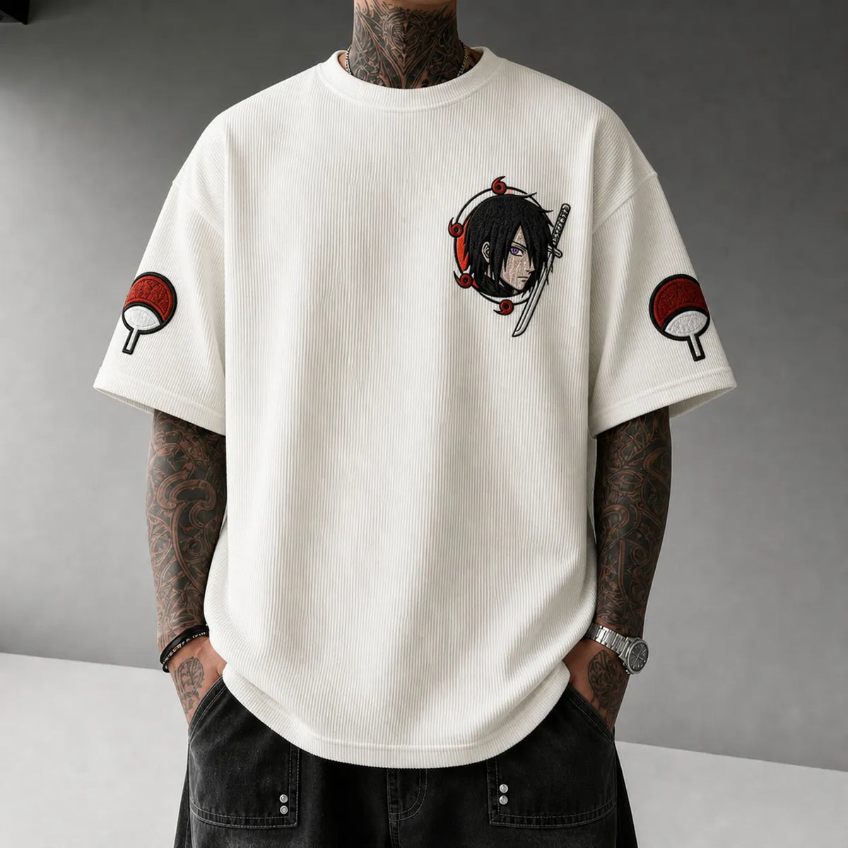 NINDO Unisex Oversized Anime-Print Vertical-Stripe Short-Sleeve T-Shirt