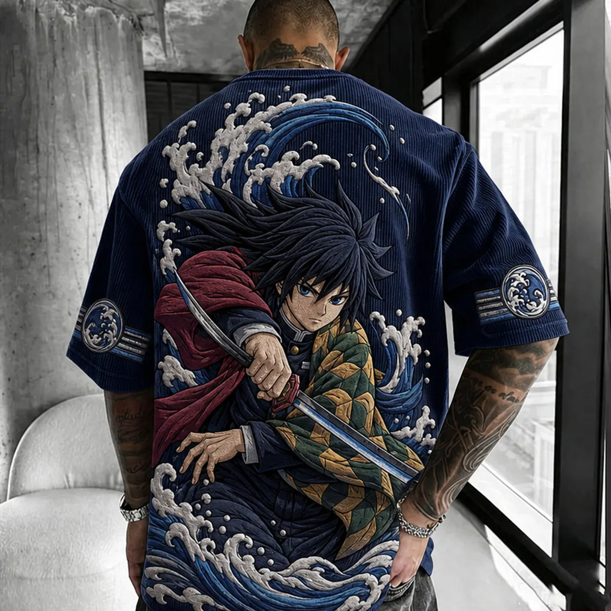 KNY Unisex Anime-Style Retro Corduroy Oversized T-Shirt
