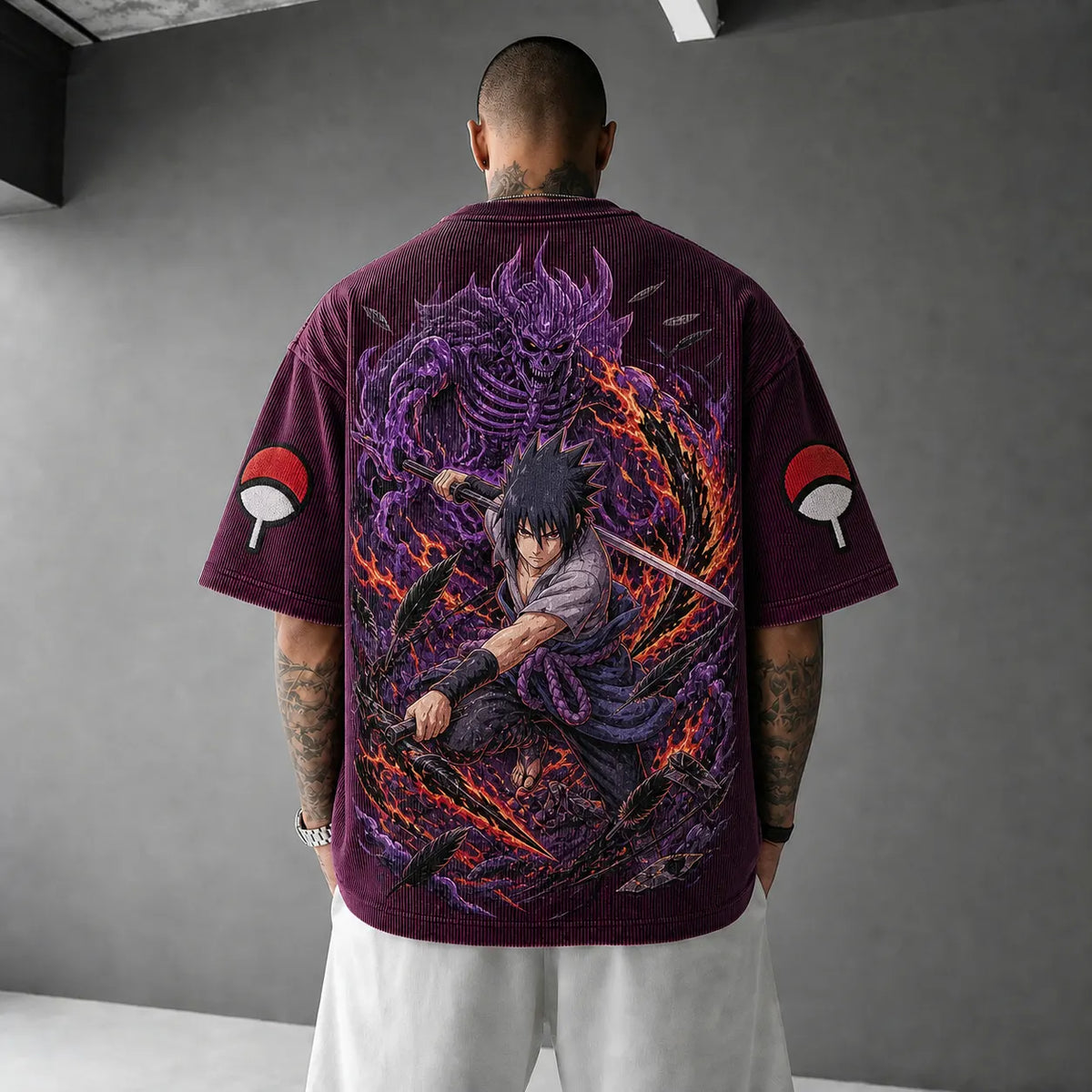 NINDO Unisex Oversized Anime-Print Vertical-Stripe Short-Sleeve T-Shirt