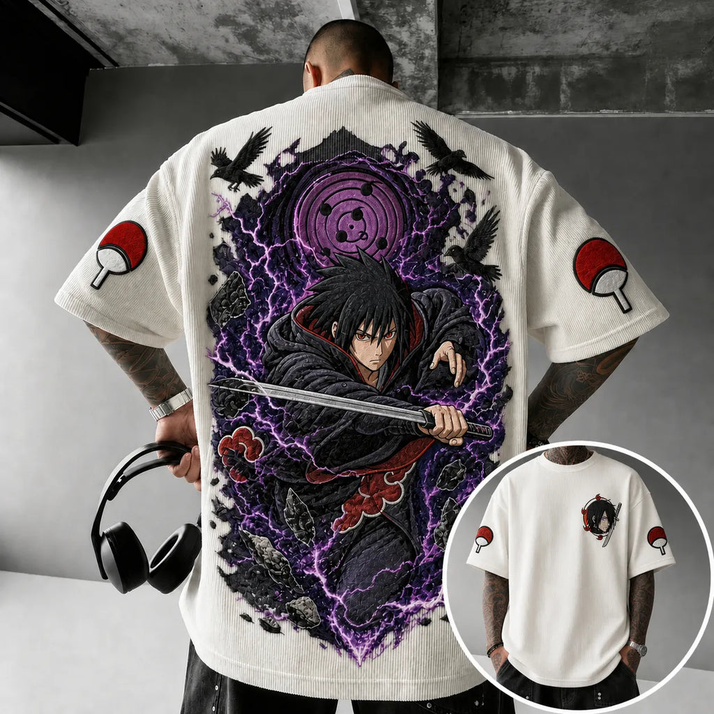 NINDO Unisex Oversized Anime-Print Vertical-Stripe Short-Sleeve T-Shirt