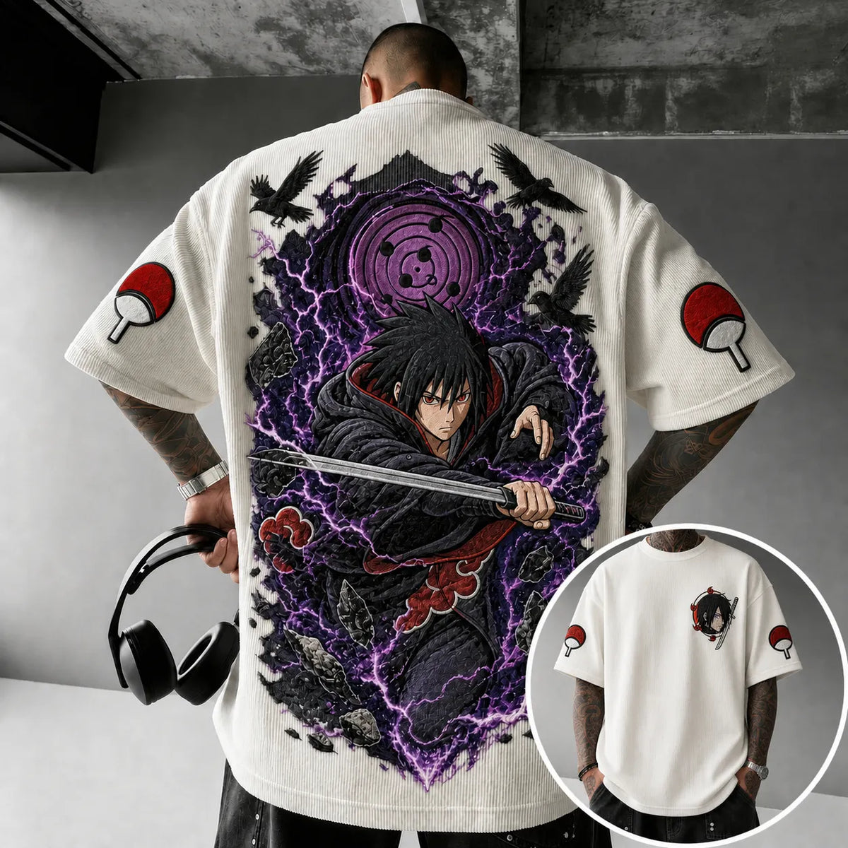 NINDO Unisex Oversized Anime-Print Vertical-Stripe Short-Sleeve T-Shirt