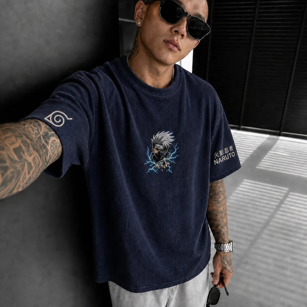 NINDO Unisex Anime-Style Retro Corduroy Oversized T-Shirt