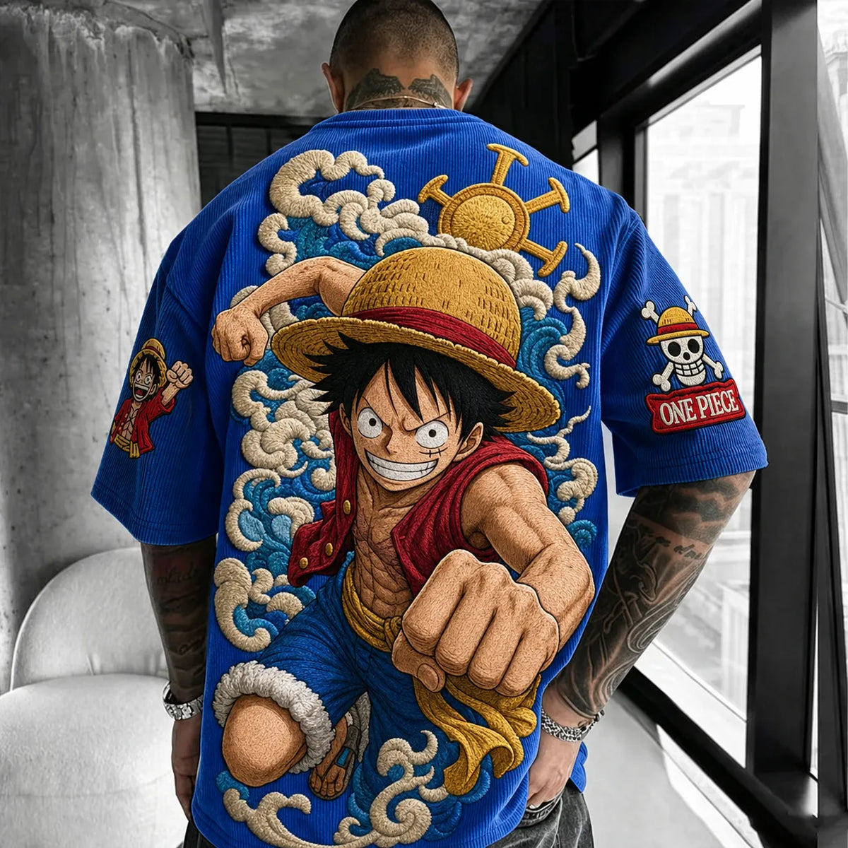 One Piece Unisex Anime-Style Retro Corduroy Oversized T-Shirt