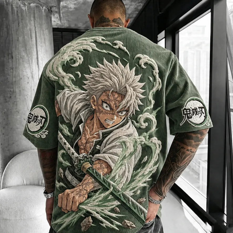 KNY Unisex Oversized Anime-Print Vertical-Stripe Short-Sleeve T-Shirt