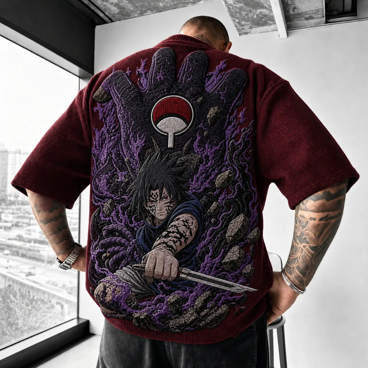 NINDO Unisex Oversized Anime-Print Vertical-Stripe Short-Sleeve T-Shirt