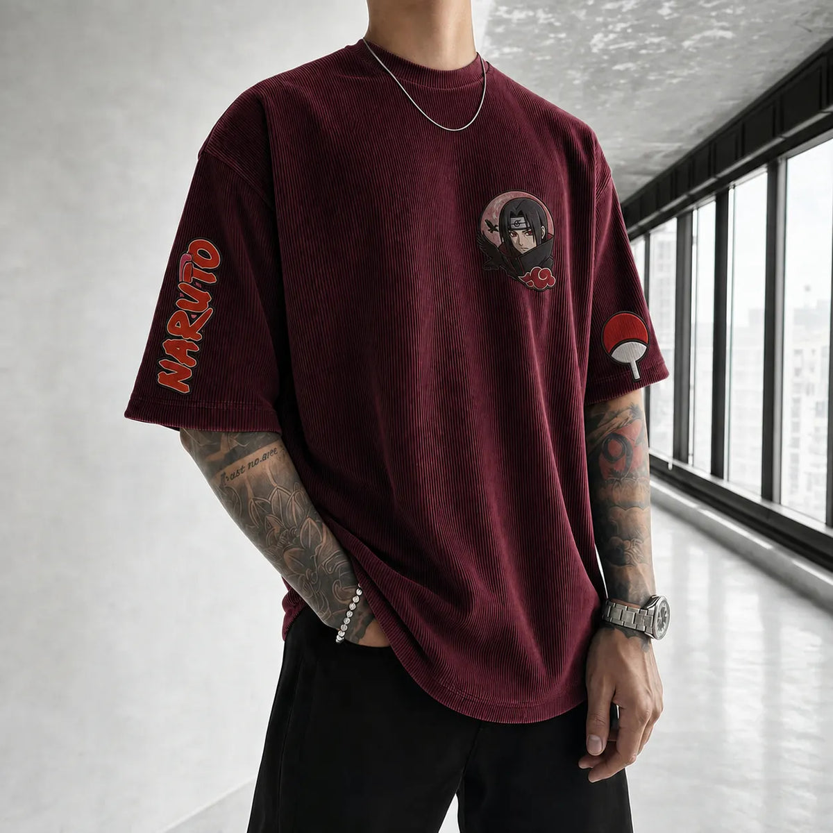 NINDO Unisex Anime-Style Retro Corduroy Oversized T-Shirt
