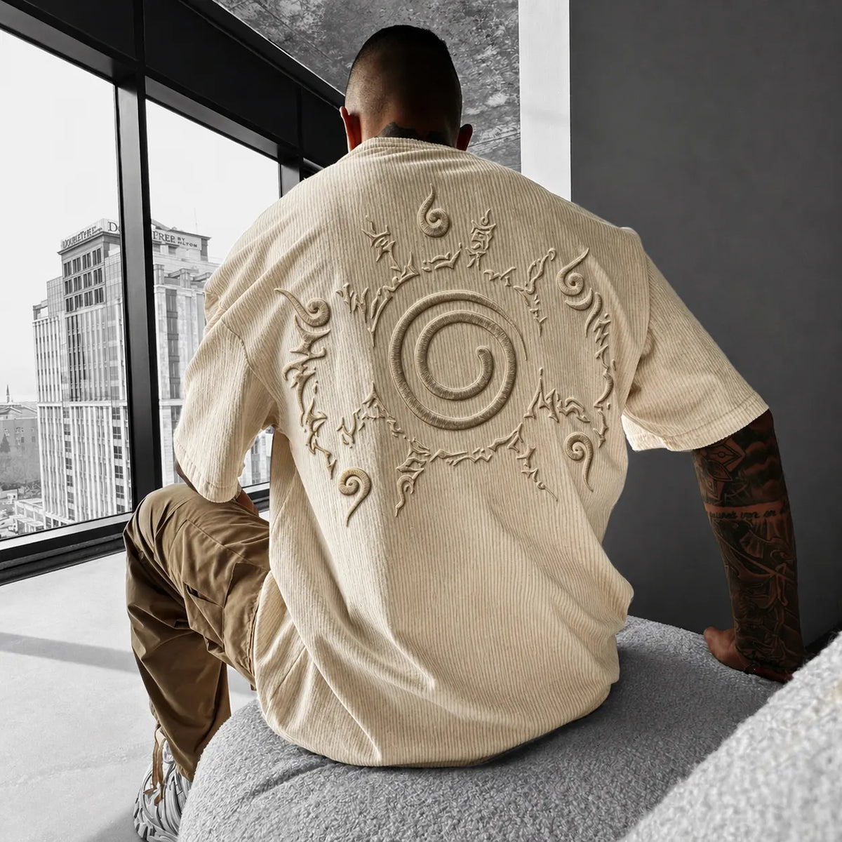 NINDO Unisex Anime-Style Retro Corduroy Oversized T-Shirt