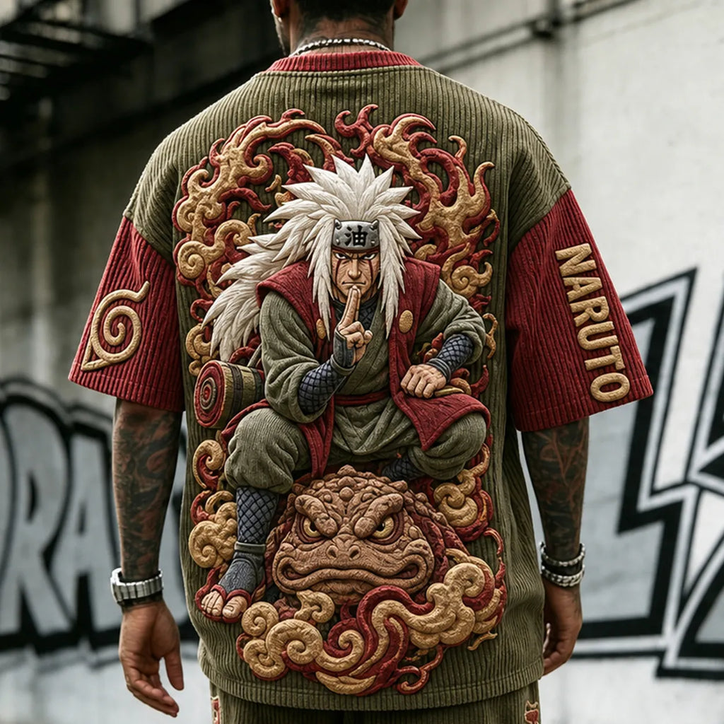 NINDO Unisex Anime-Style Retro Corduroy Oversized T-Shirt