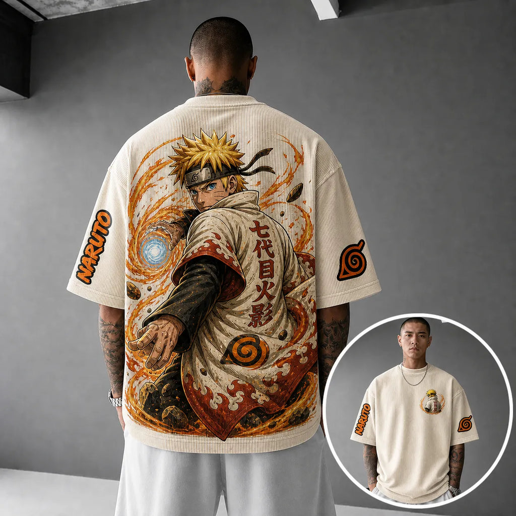 NINDO Unisex Anime-Style Retro Corduroy Oversized T-Shirt