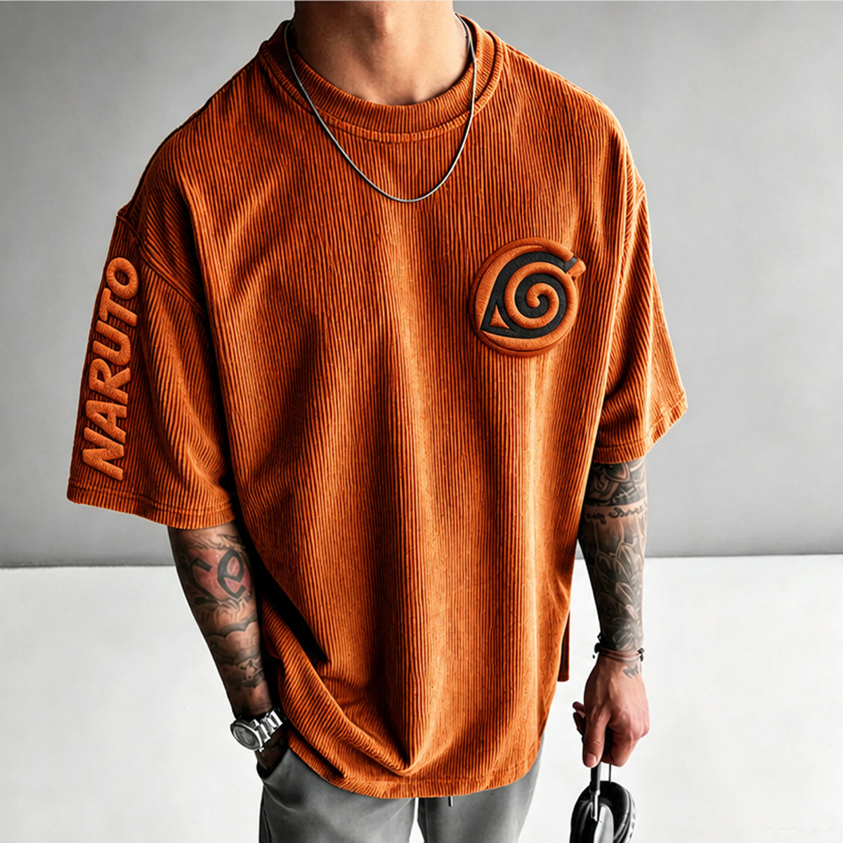 NINDO Unisex Anime-Style Retro Corduroy Oversized T-Shirt