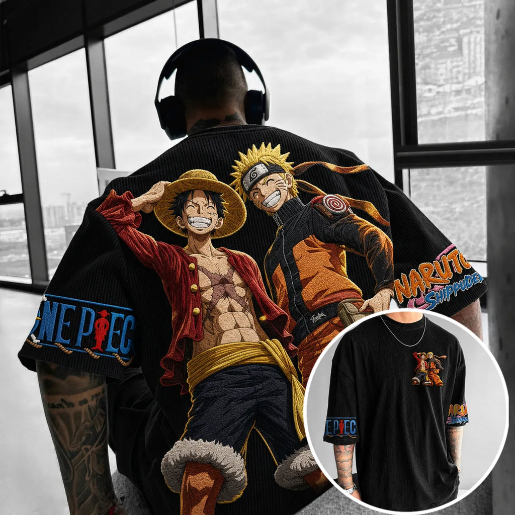 NINDO Unisex Oversized Anime-Print Vertical-Stripe Short-Sleeve T-Shirt