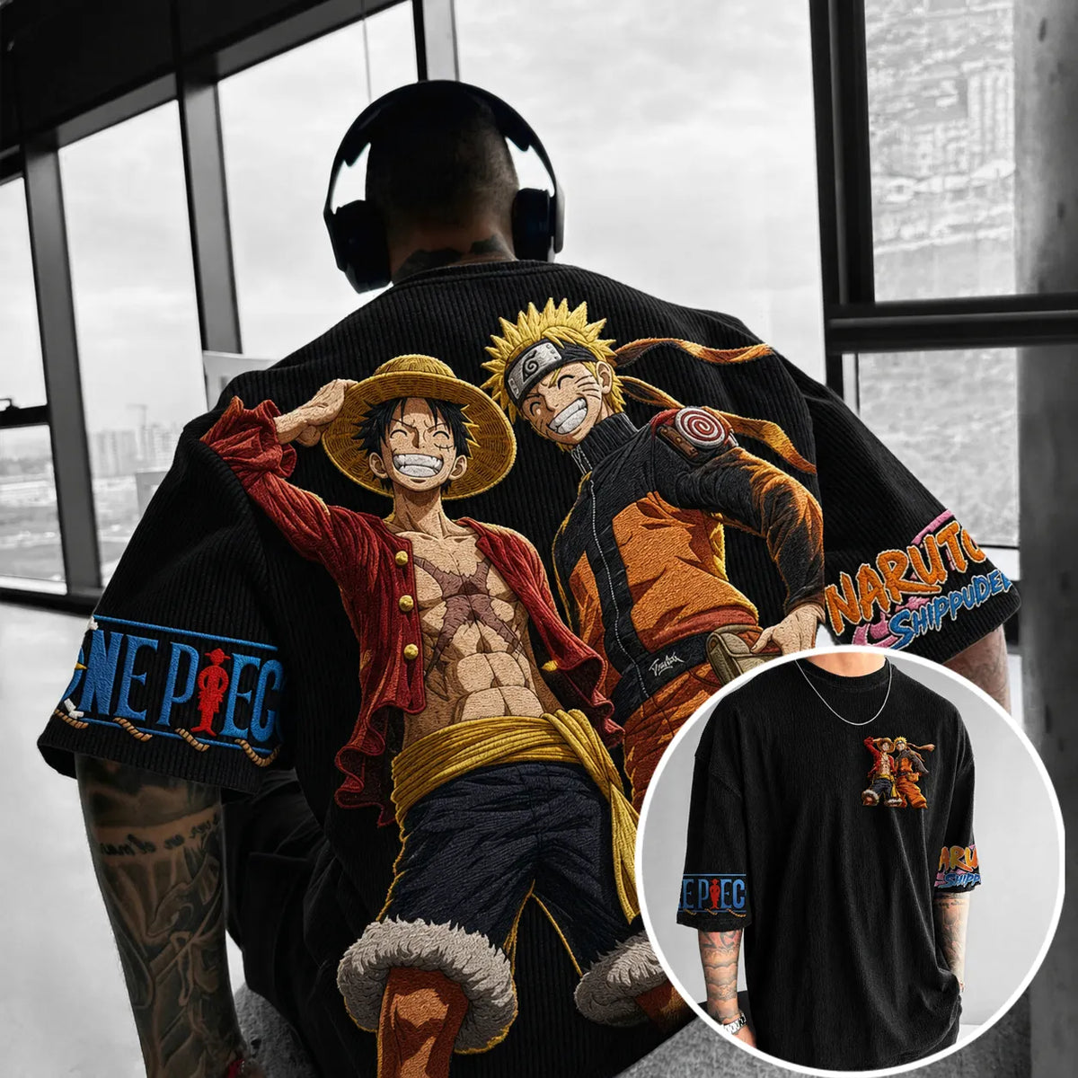 NINDO Unisex Oversized Anime-Print Vertical-Stripe Short-Sleeve T-Shirt