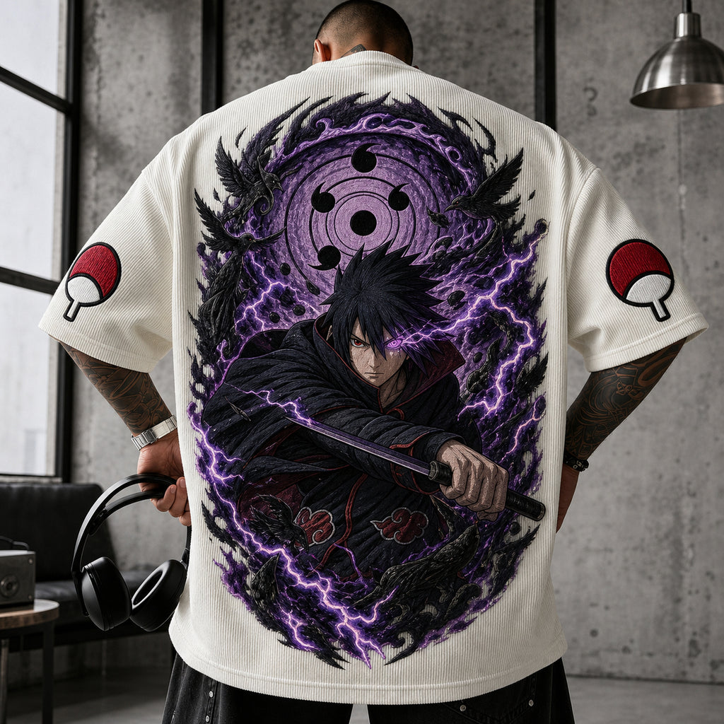 NINDO Unisex Oversized Anime-Print Vertical-Stripe Short-Sleeve T-Shirt