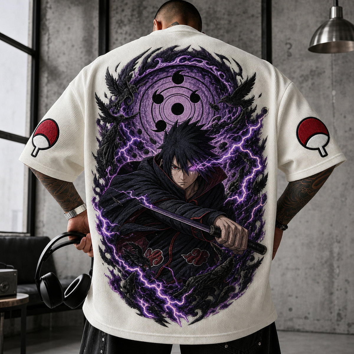 NINDO Unisex Oversized Anime-Print Vertical-Stripe Short-Sleeve T-Shirt