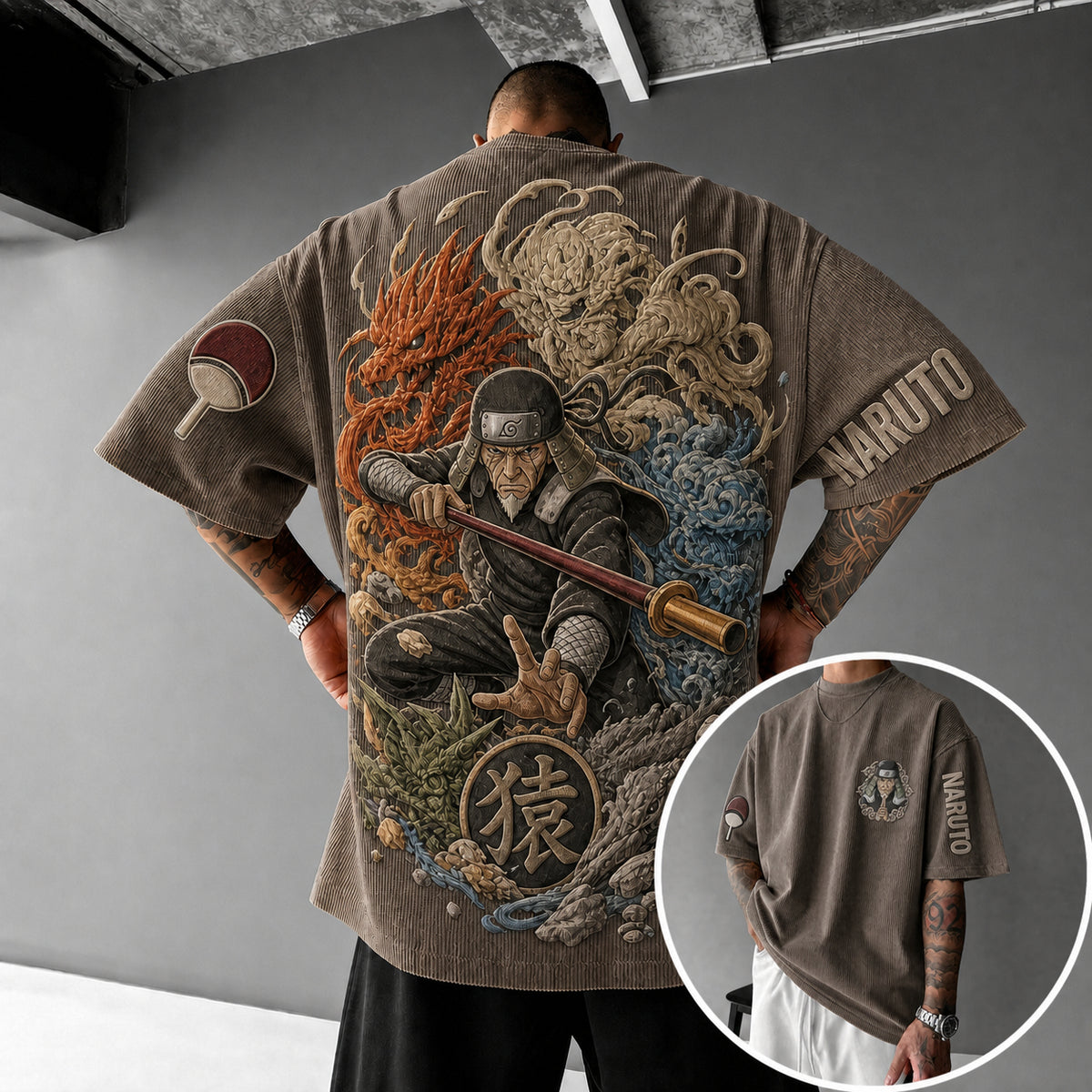 NINDO Unisex Anime-Style Retro Corduroy Oversized T-Shirt