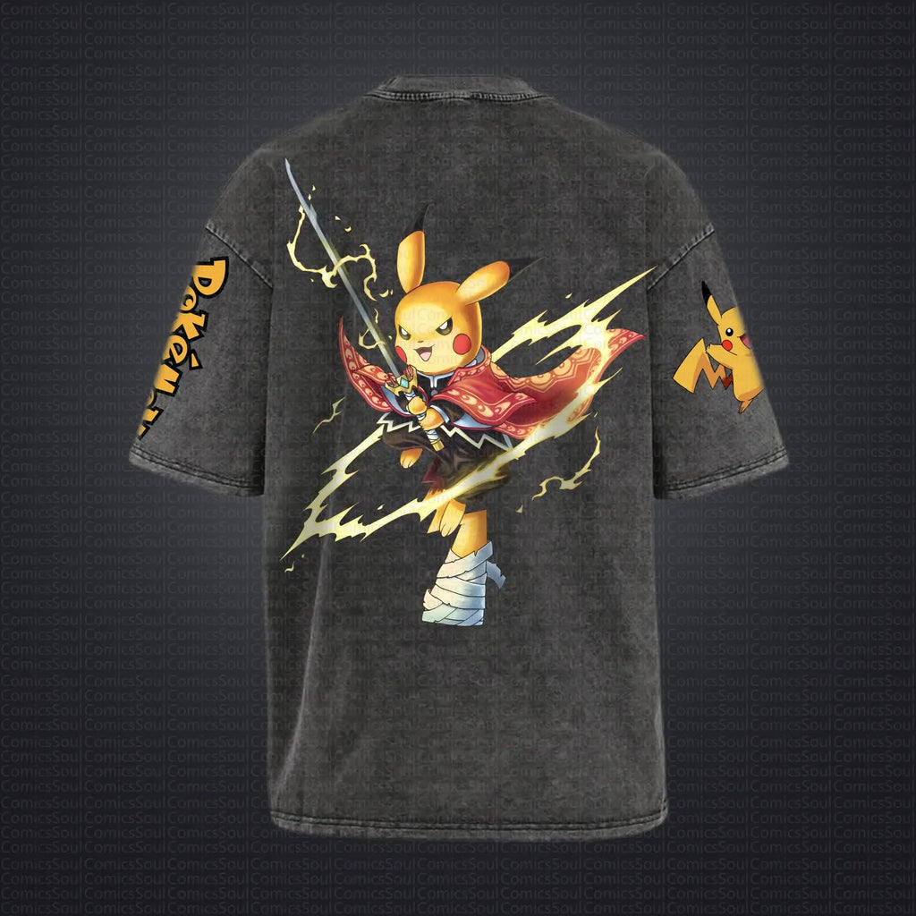 PKM-Unisex Anime Style Vintage Washed T-Shirt