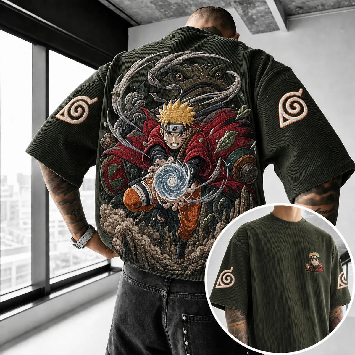 NINDO Unisex Oversized Anime-Print Vertical-Stripe Short-Sleeve T-Shirt