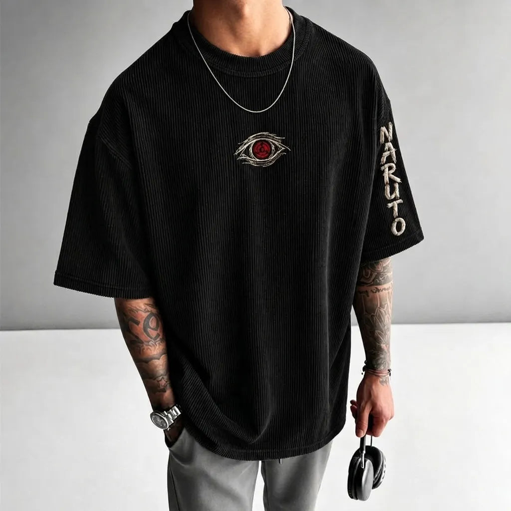 NINDO Unisex Anime-Style Retro Corduroy Oversized T-Shirt
