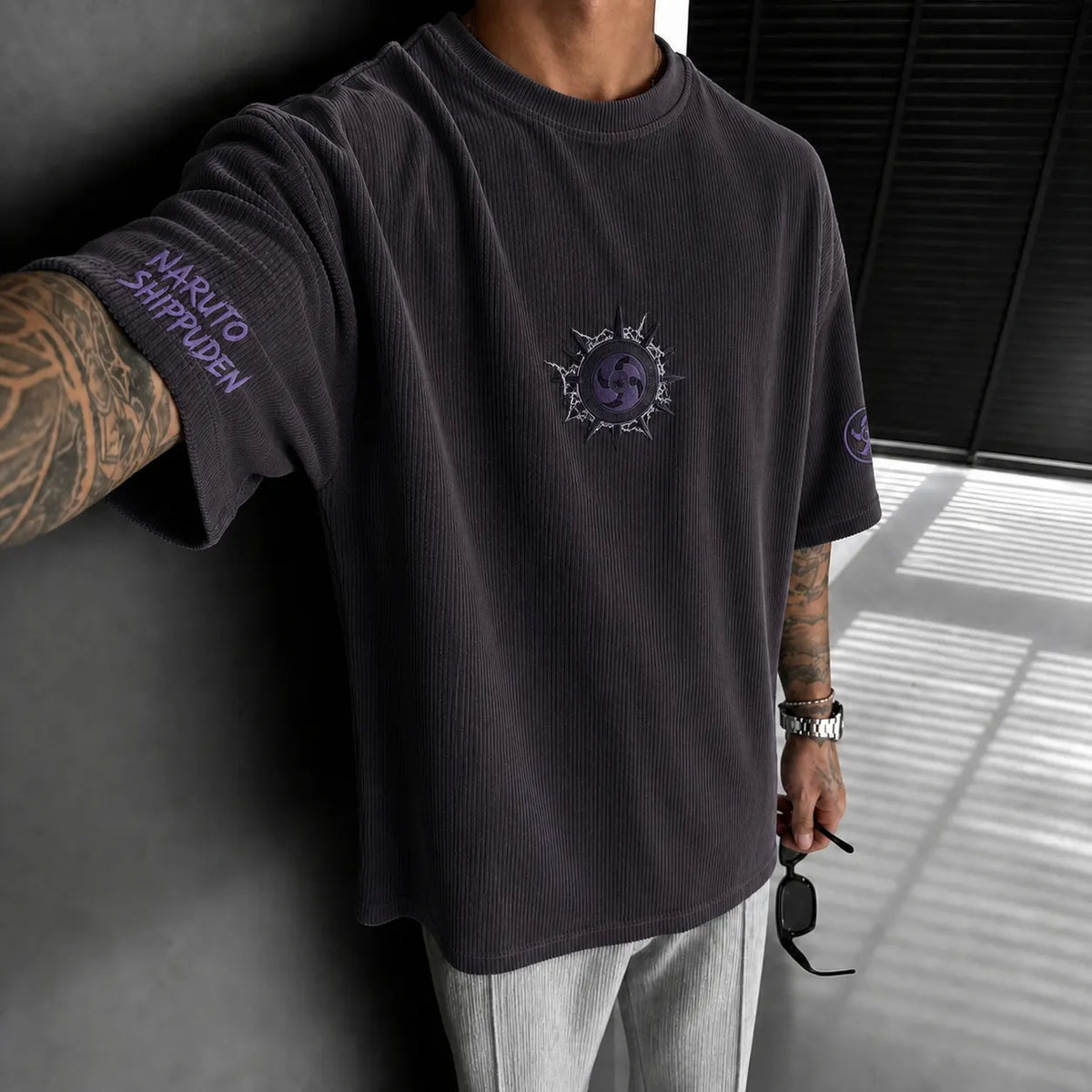 NINDO Unisex Anime-Style Retro Corduroy Oversized T-Shirt