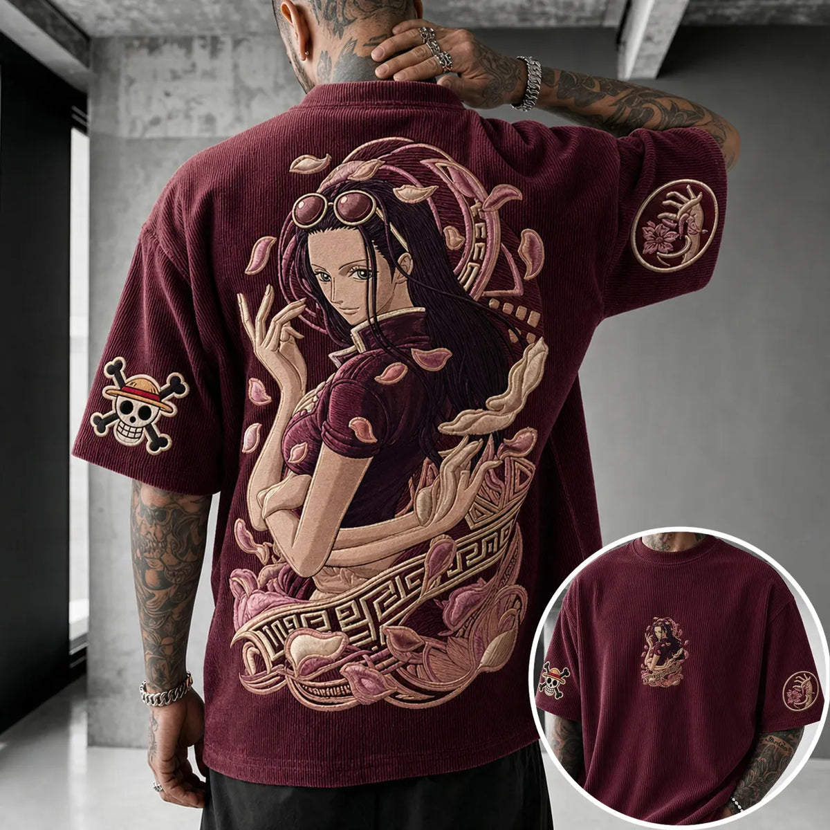 One Piece Unisex Anime-Style Retro Corduroy Oversized T-Shirt